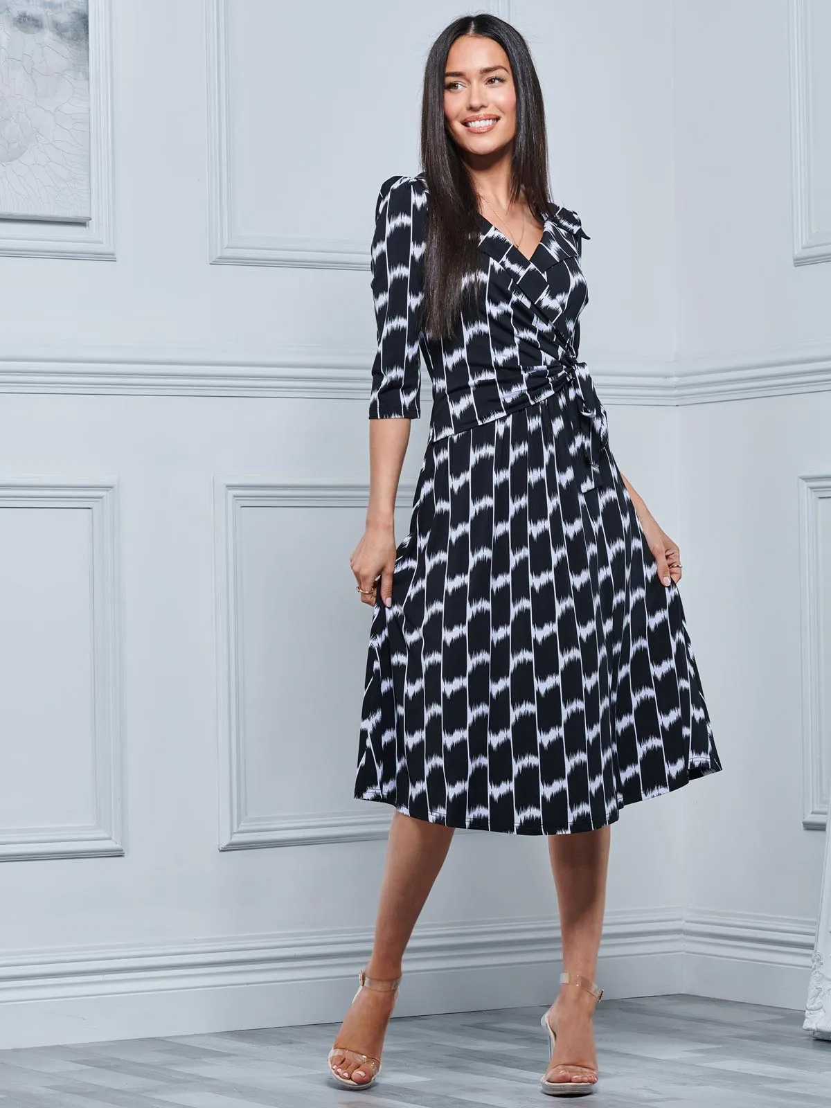 Sylvie Wrap Collar Dress, Black Geo