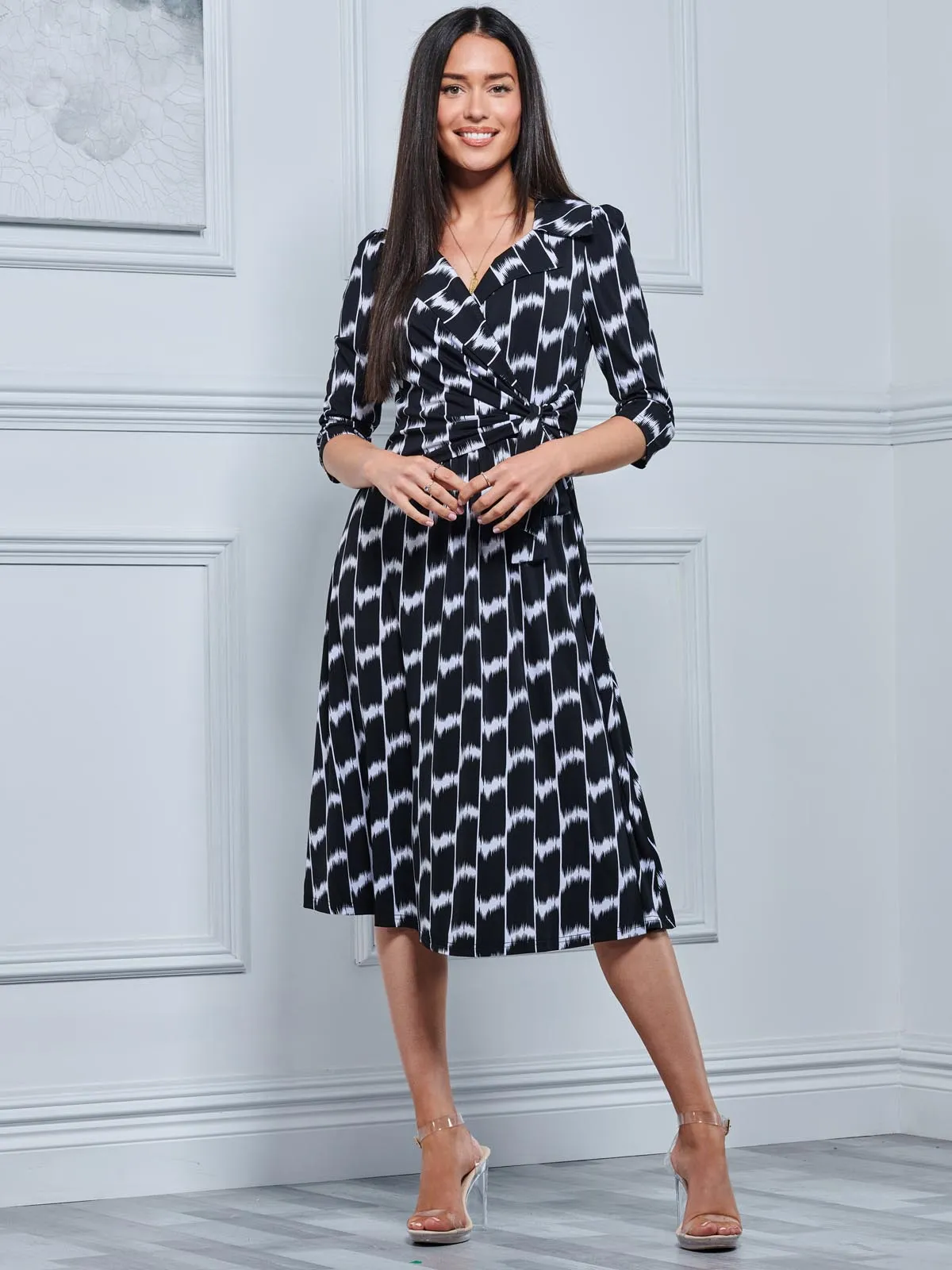 Sylvie Wrap Collar Dress, Black Geo