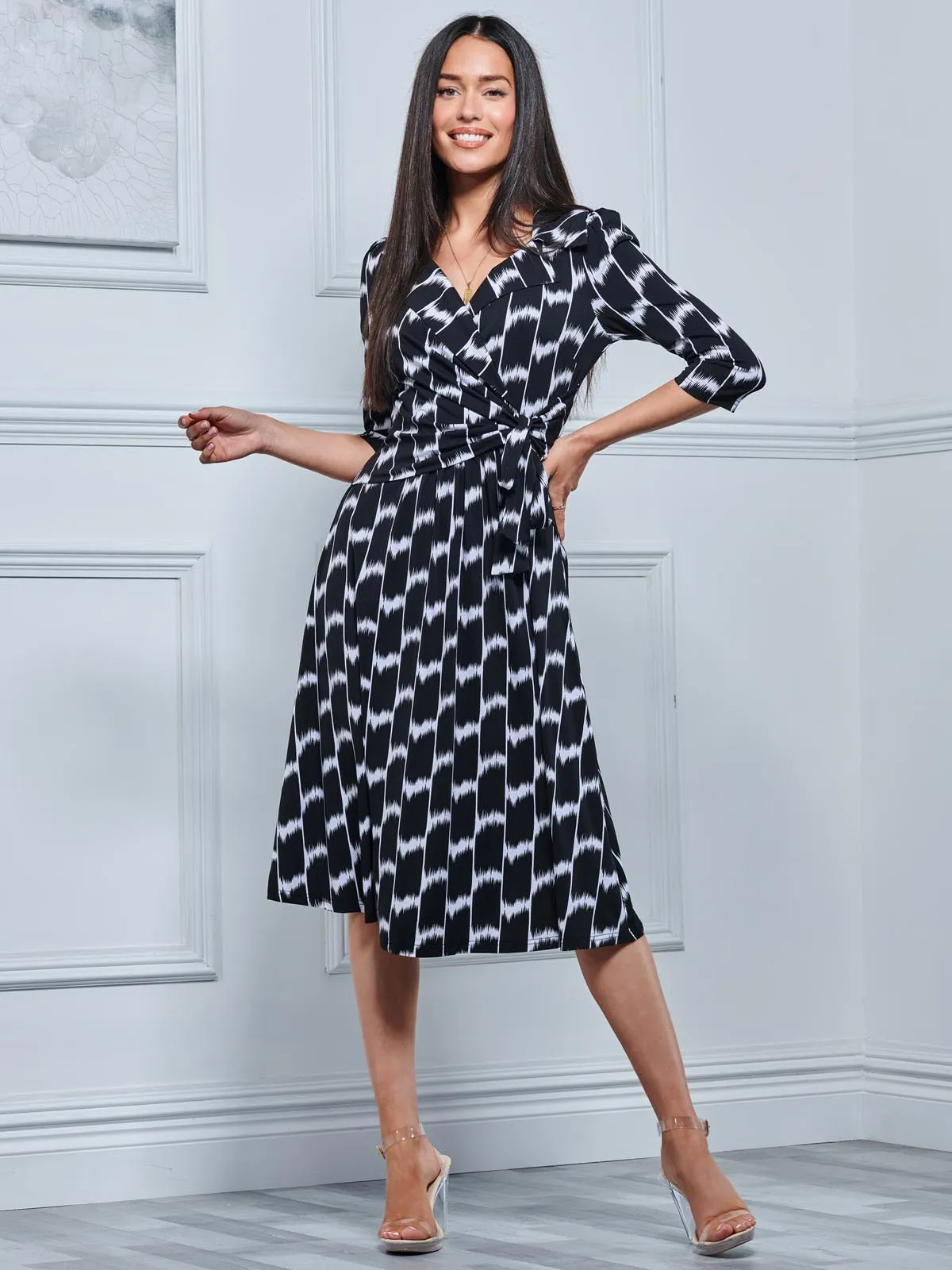 Sylvie Wrap Collar Dress, Black Geo