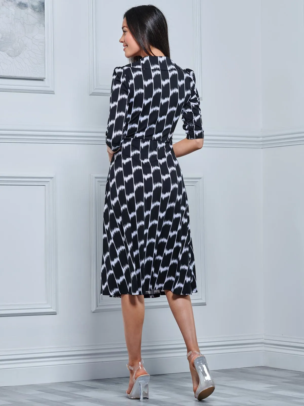 Sylvie Wrap Collar Dress, Black Geo