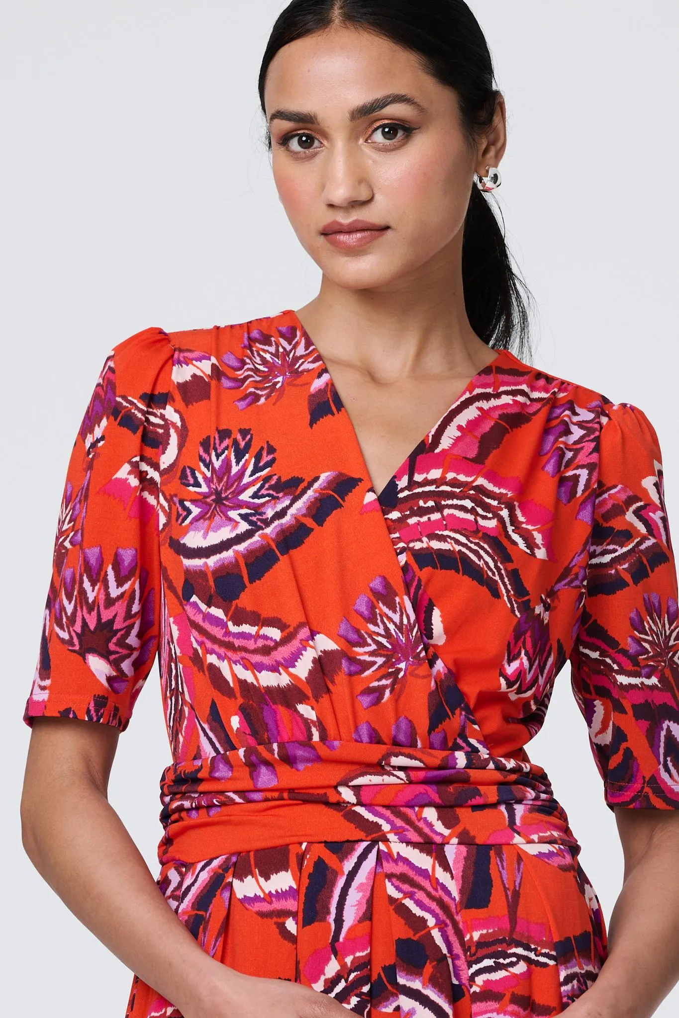 Tropical Print Faux Wrap Midi Dress