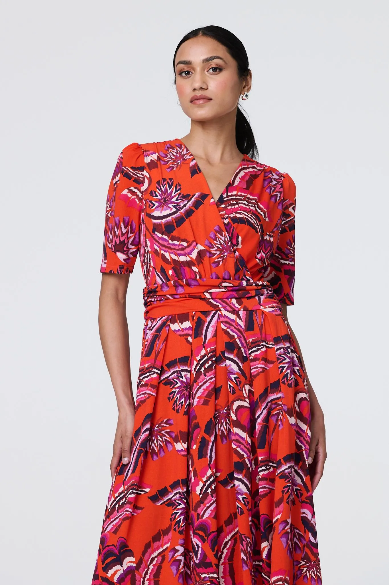 Tropical Print Faux Wrap Midi Dress