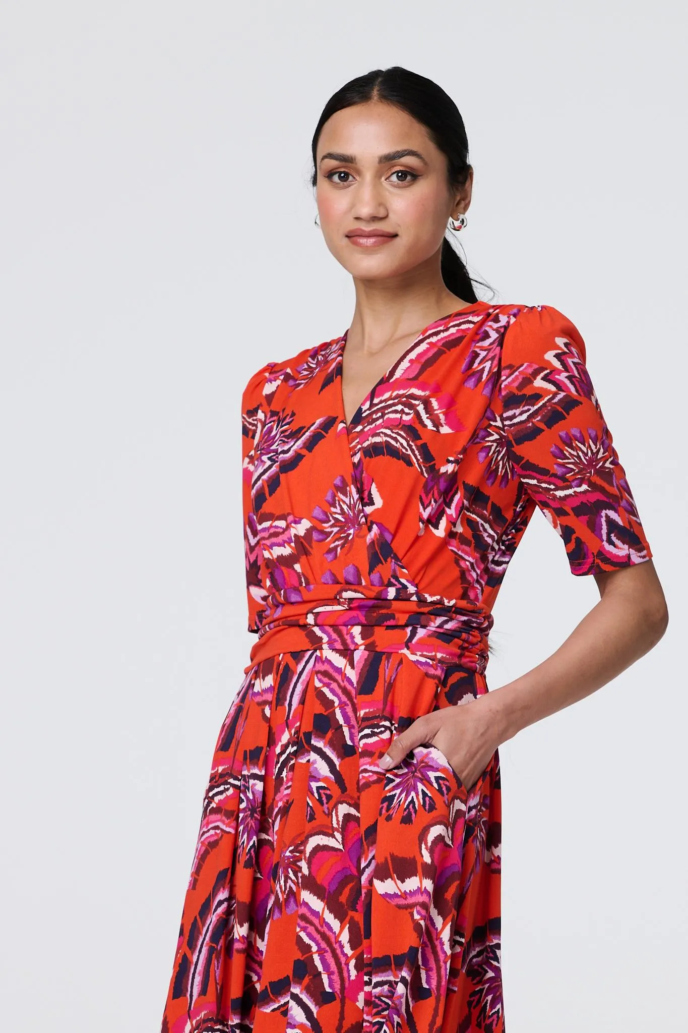 Tropical Print Faux Wrap Midi Dress