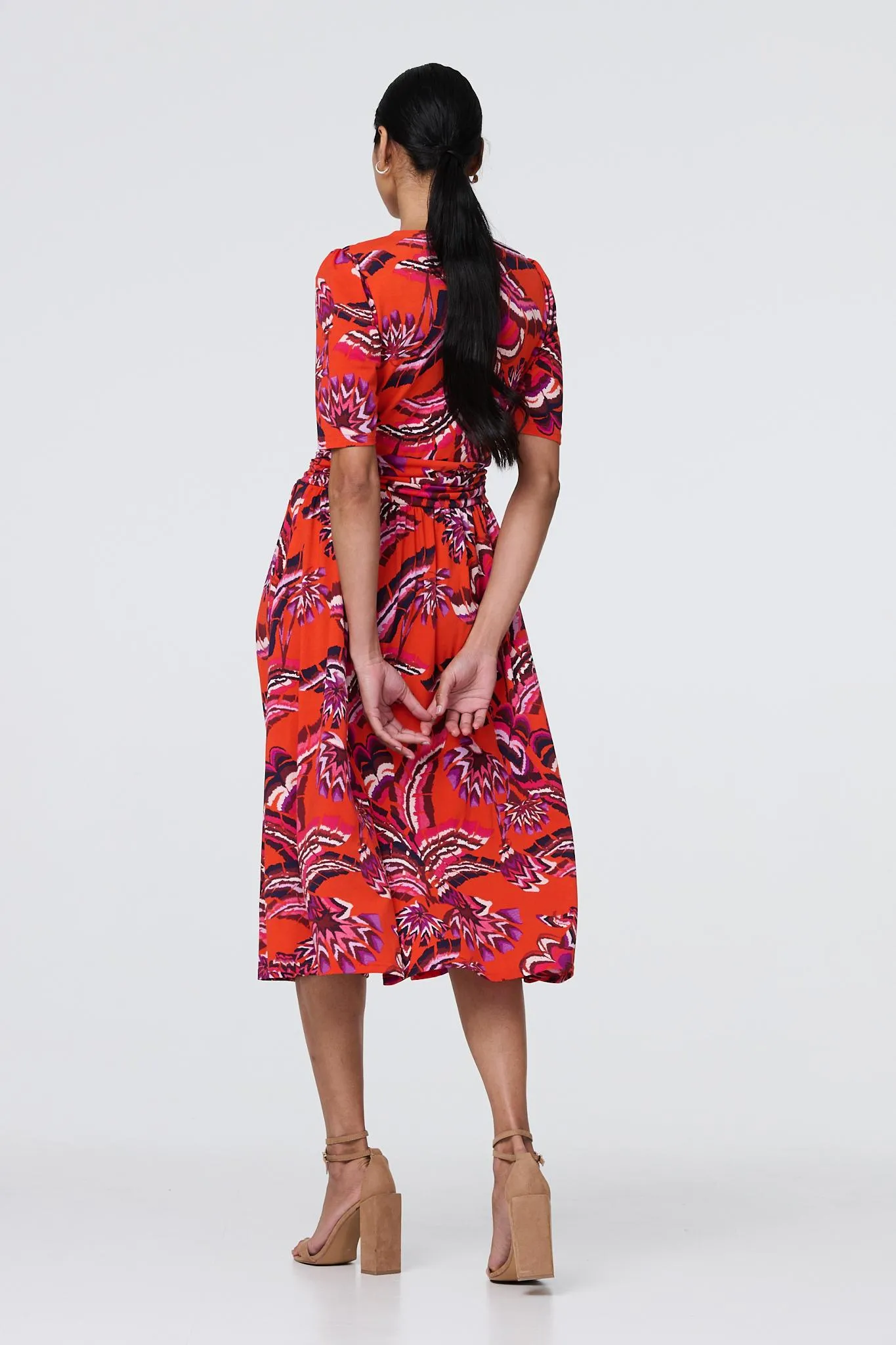 Tropical Print Faux Wrap Midi Dress