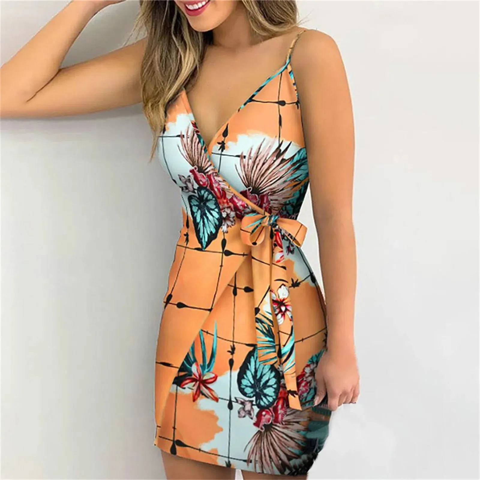 Tropical Print V-Neck Wrap Casual Dress Women Sleeveless Summer Holiday Mini Dress  V-Neck Wrap Casual Dress Women