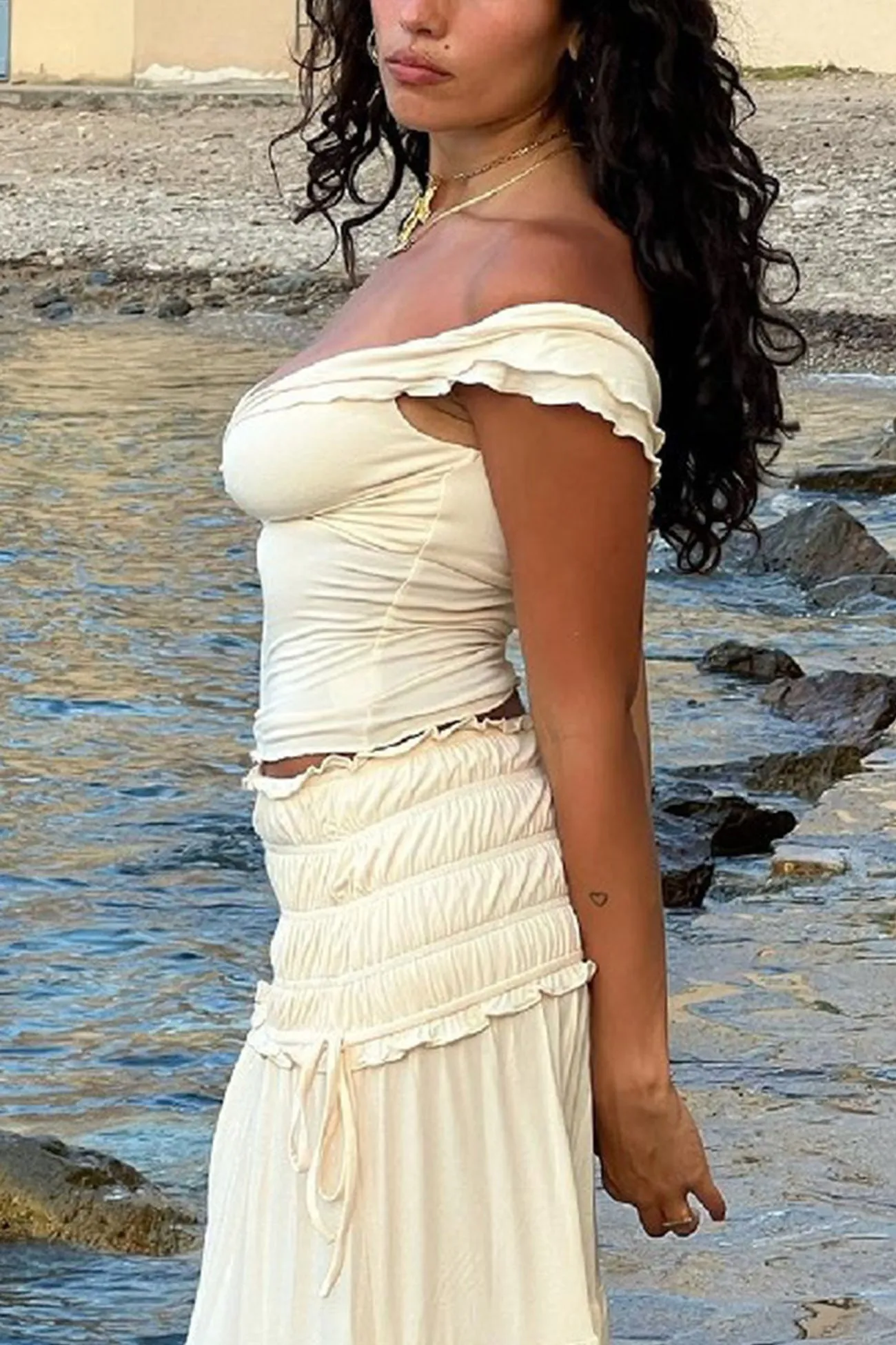 Twisted Crop Top Ruched Tiered Skirt Suits