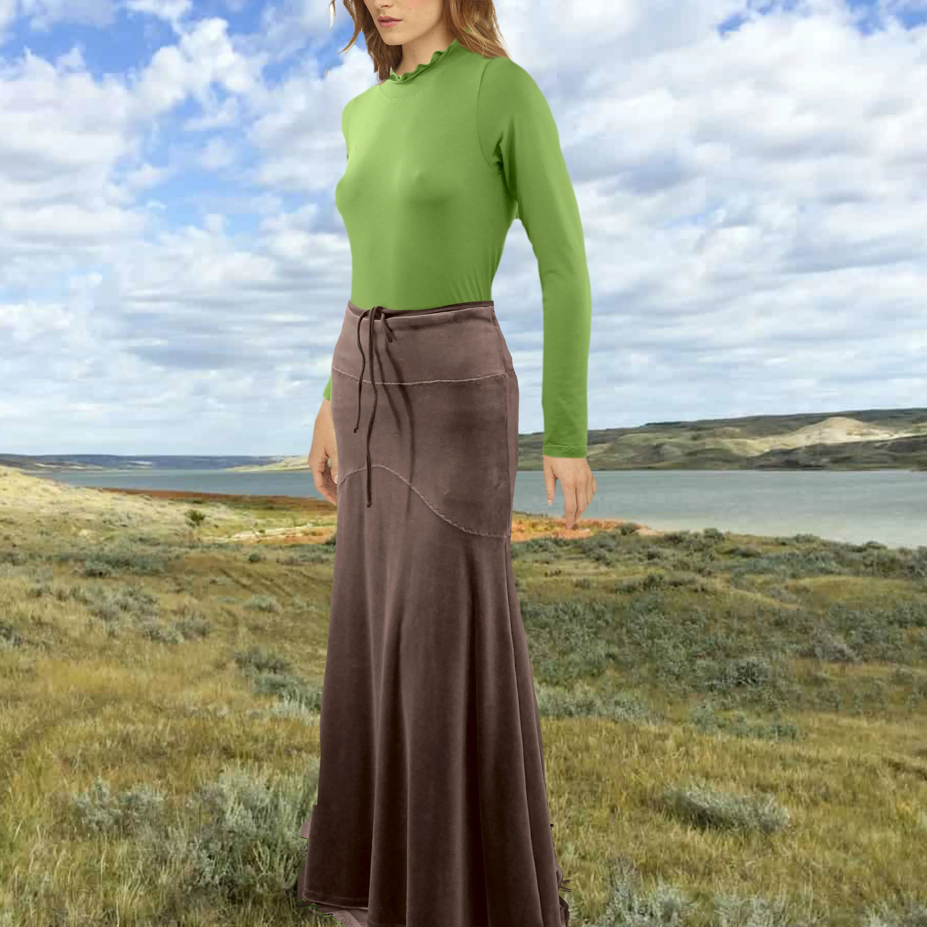 Velours maxi rok in zandloper lijn/velvet maxi skirt in hour glass design