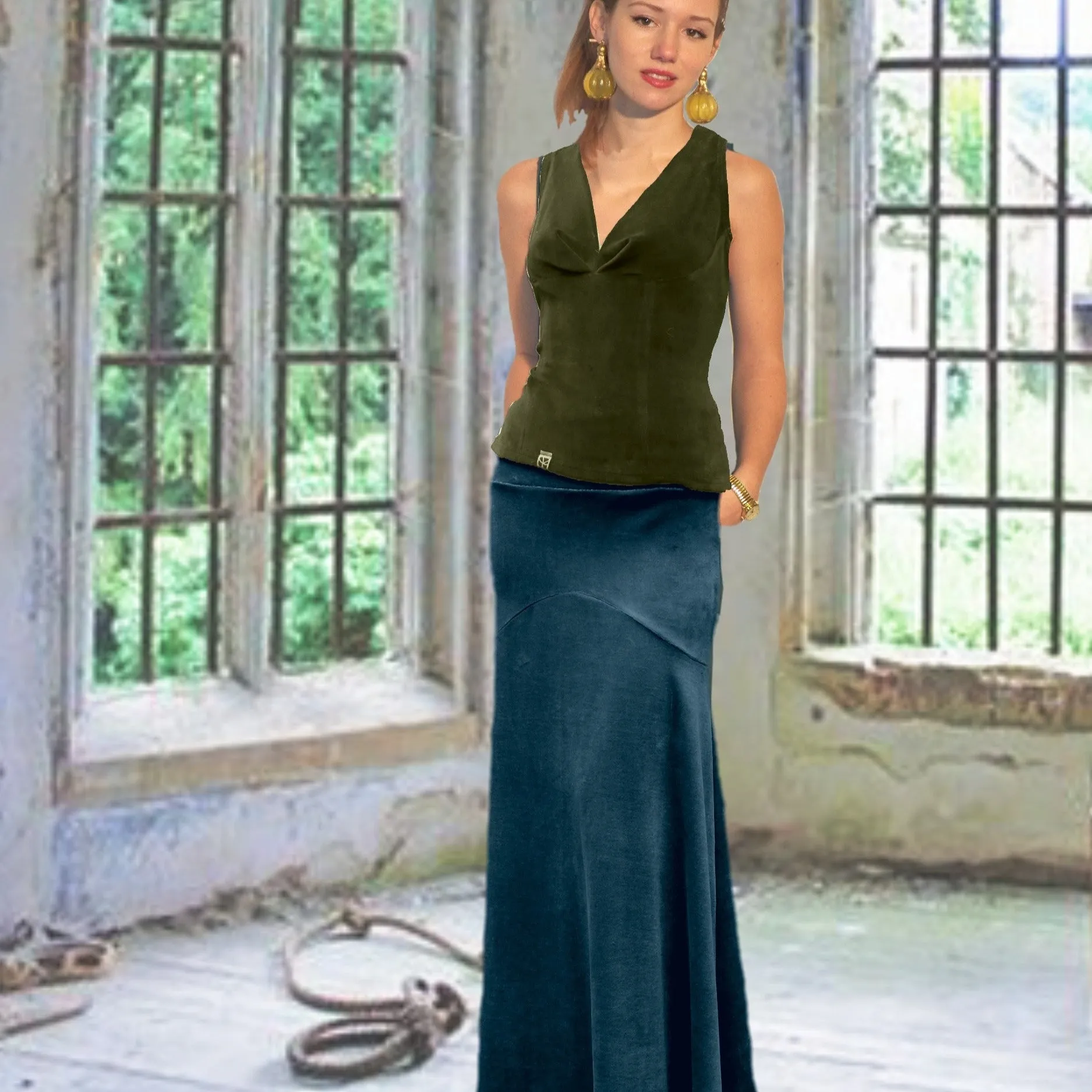 Velours maxi rok in zandloper lijn/velvet maxi skirt in hour glass design
