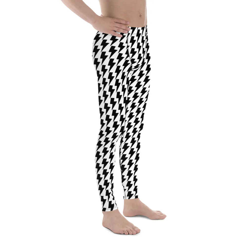 White Lightning Patterned Men's Leggings, Lightning Pattern Abstract Designer Running Compression Tights For Men - Made in USA/EU/MX