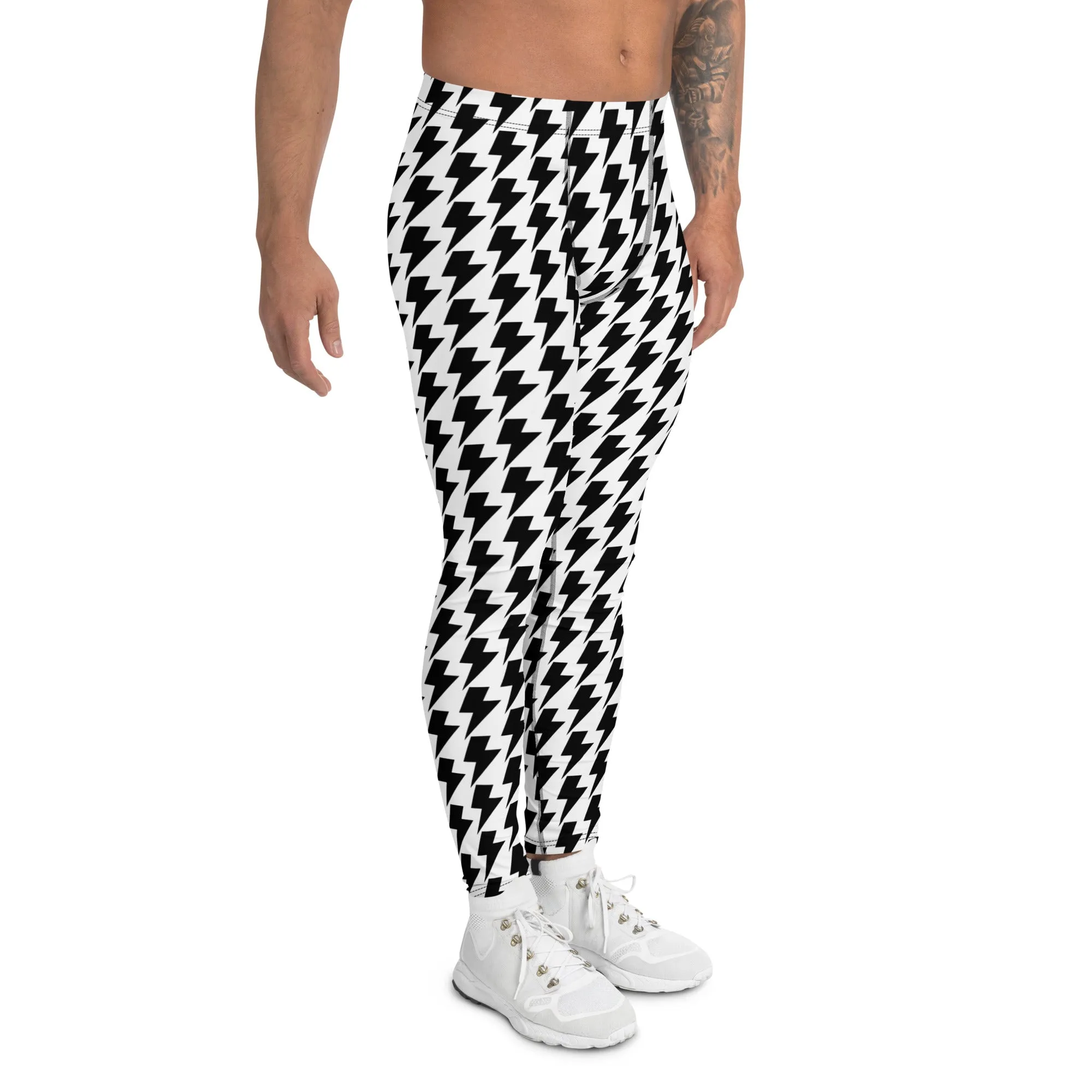 White Lightning Patterned Men's Leggings, Lightning Pattern Abstract Designer Running Compression Tights For Men - Made in USA/EU/MX