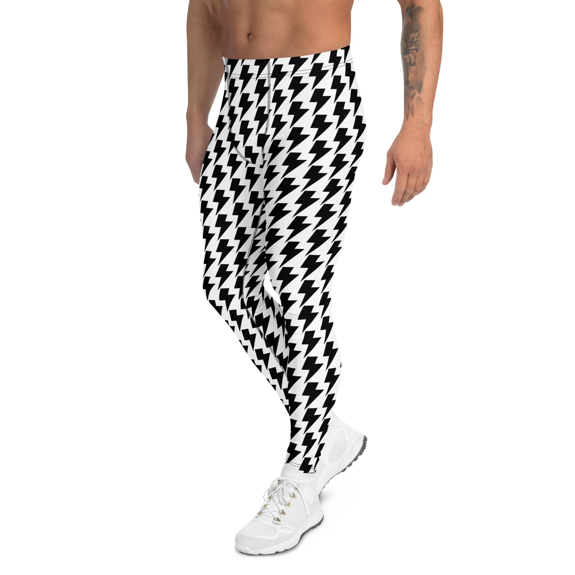 White Lightning Patterned Men's Leggings, Lightning Pattern Abstract Designer Running Compression Tights For Men - Made in USA/EU/MX
