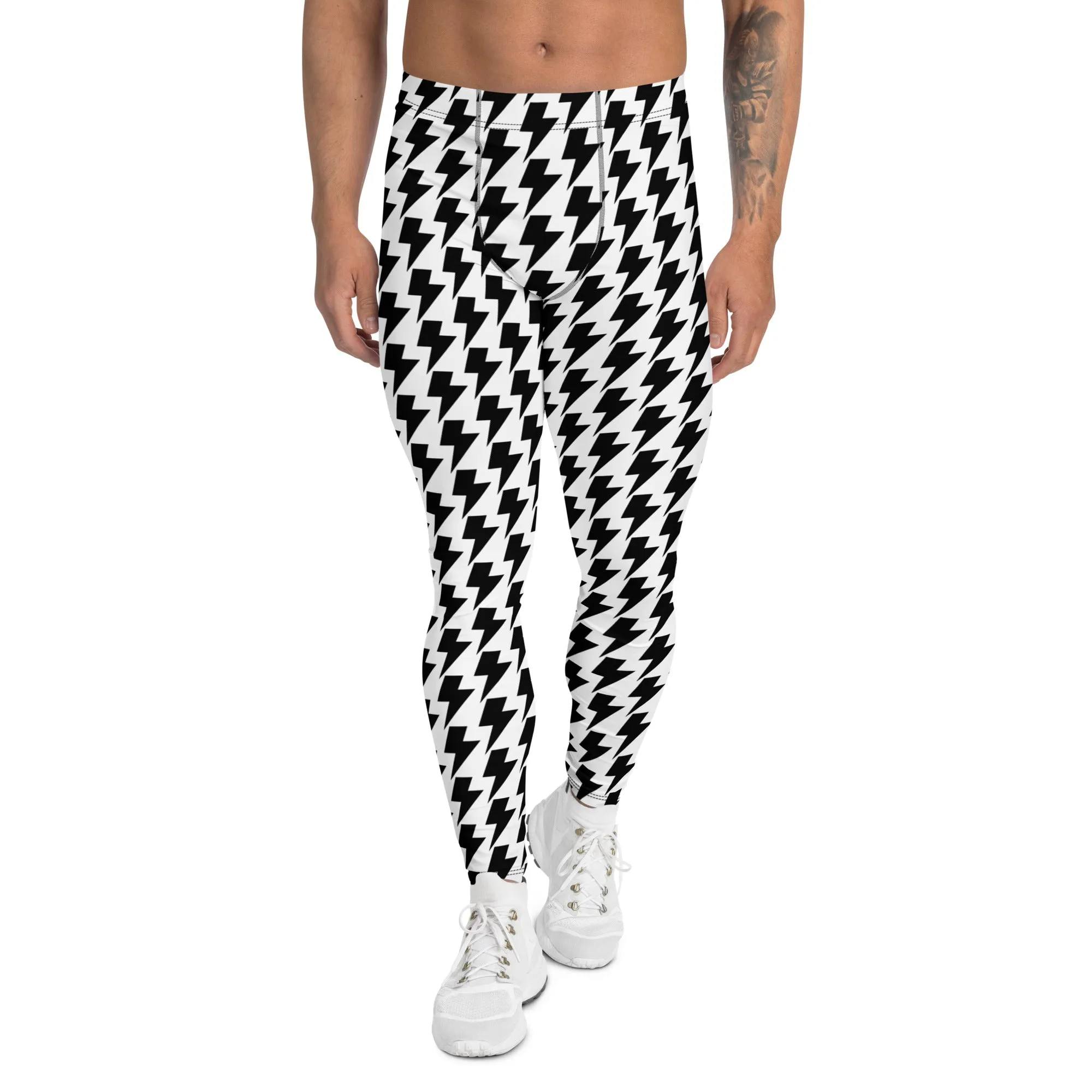 White Lightning Patterned Men's Leggings, Lightning Pattern Abstract Designer Running Compression Tights For Men - Made in USA/EU/MX