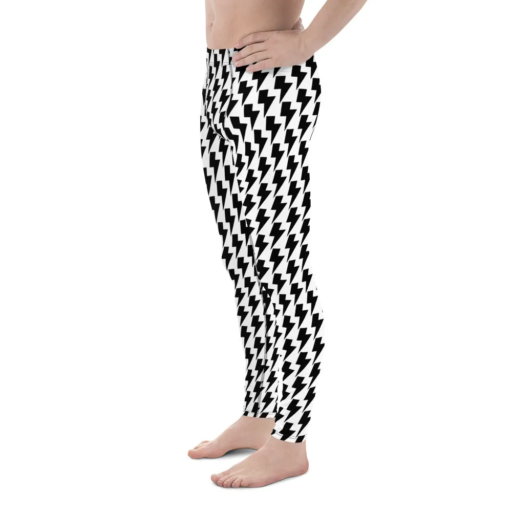 White Lightning Patterned Men's Leggings, Lightning Pattern Abstract Designer Running Compression Tights For Men - Made in USA/EU/MX