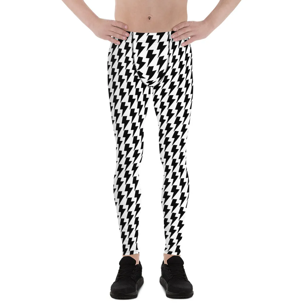 White Lightning Patterned Men's Leggings, Lightning Pattern Abstract Designer Running Compression Tights For Men - Made in USA/EU/MX