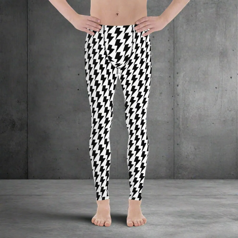White Lightning Patterned Men's Leggings, Lightning Pattern Abstract Designer Running Compression Tights For Men - Made in USA/EU/MX