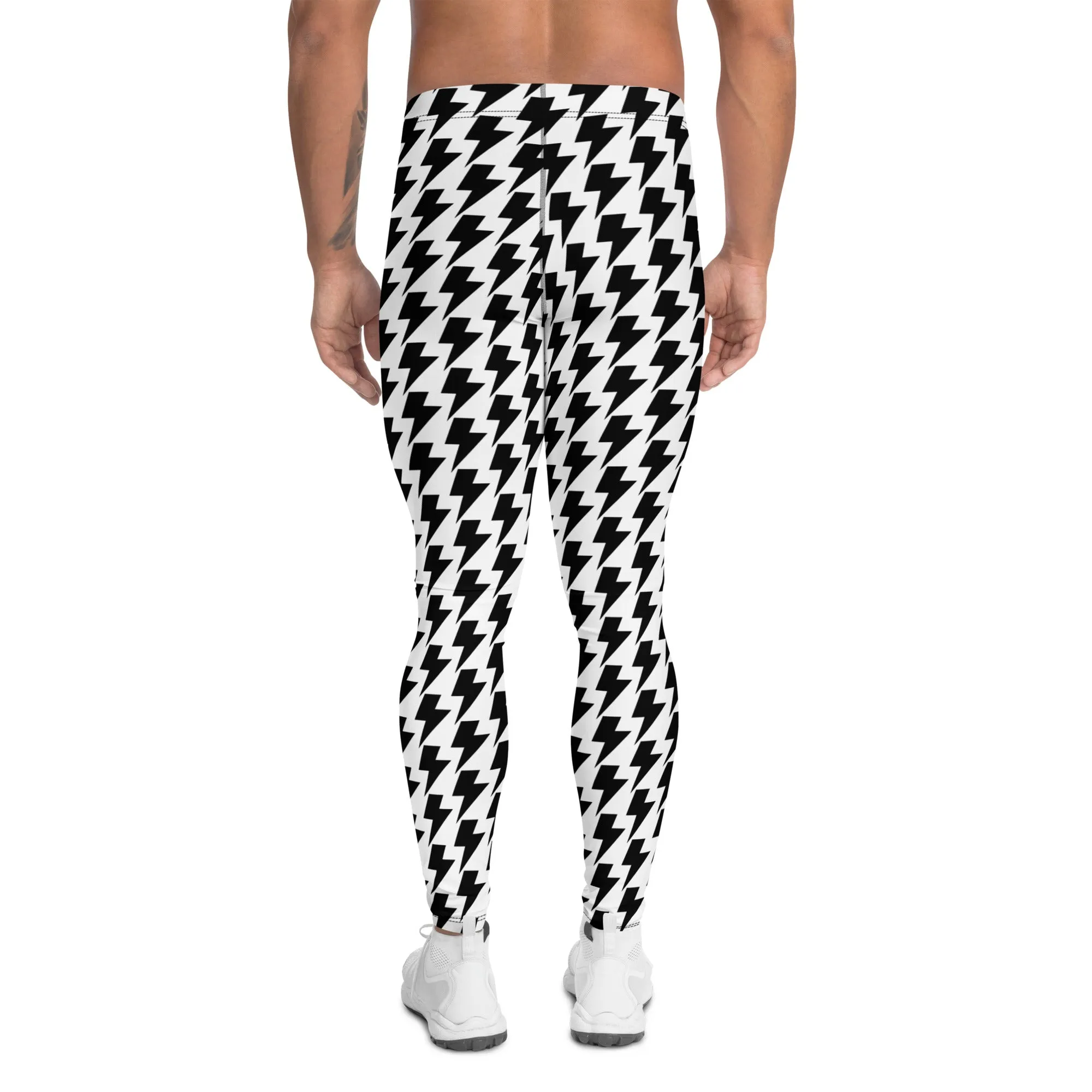 White Lightning Patterned Men's Leggings, Lightning Pattern Abstract Designer Running Compression Tights For Men - Made in USA/EU/MX