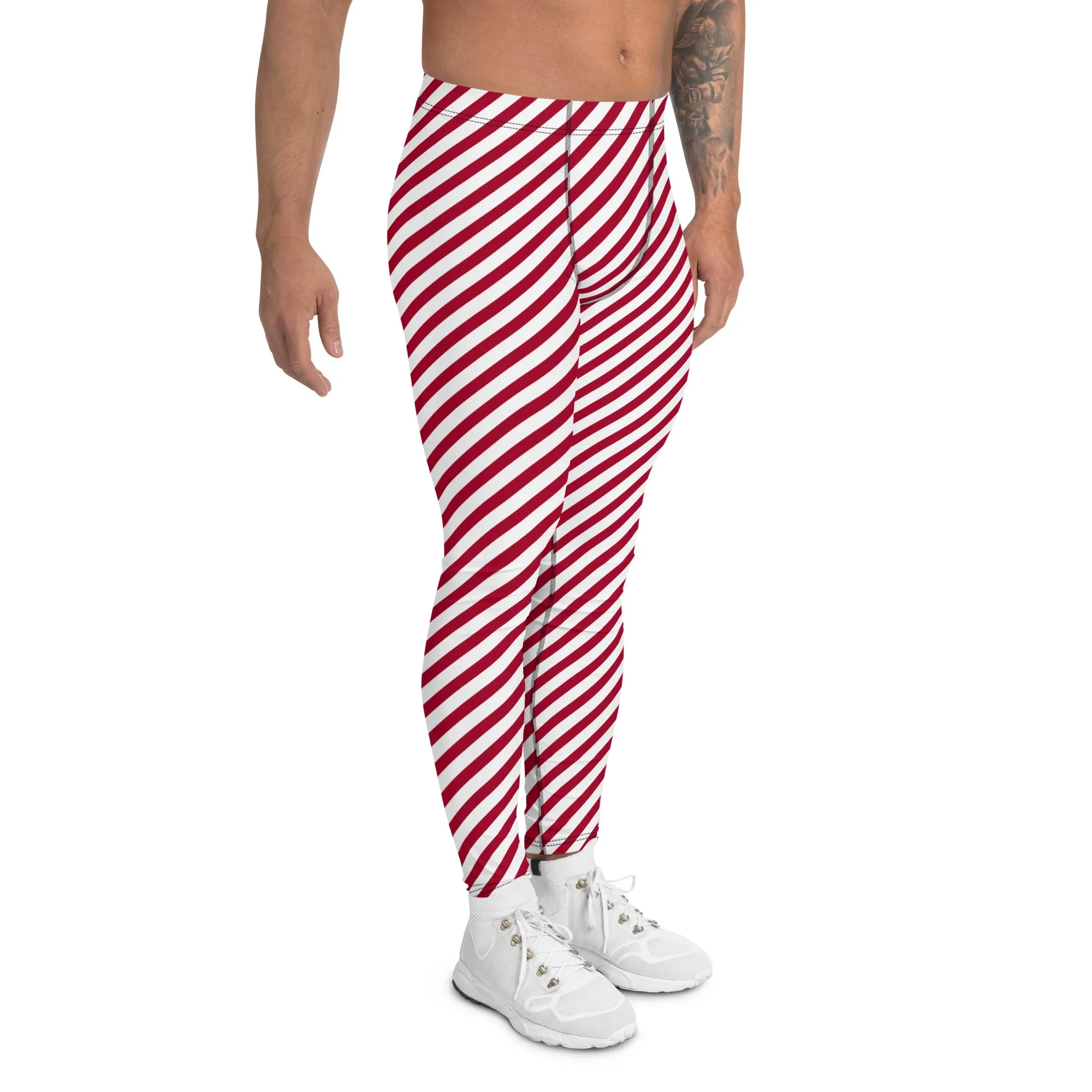 White Red Diagonal Striped Meggings, Colorful Best Compression Tights For Men - Made in USA/EU/MX