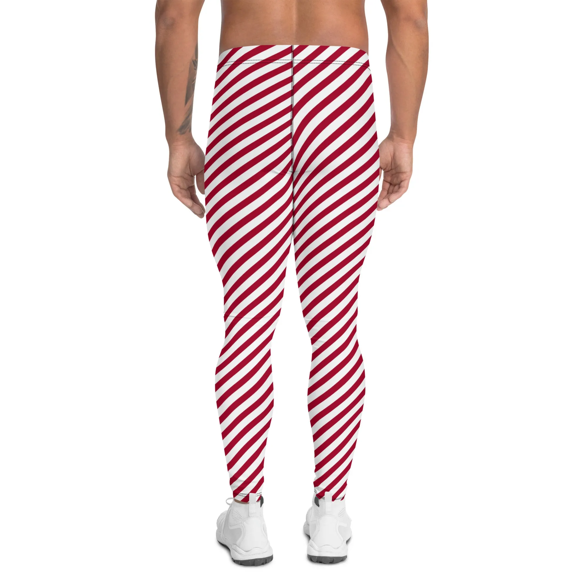 White Red Diagonal Striped Meggings, Colorful Best Compression Tights For Men - Made in USA/EU/MX