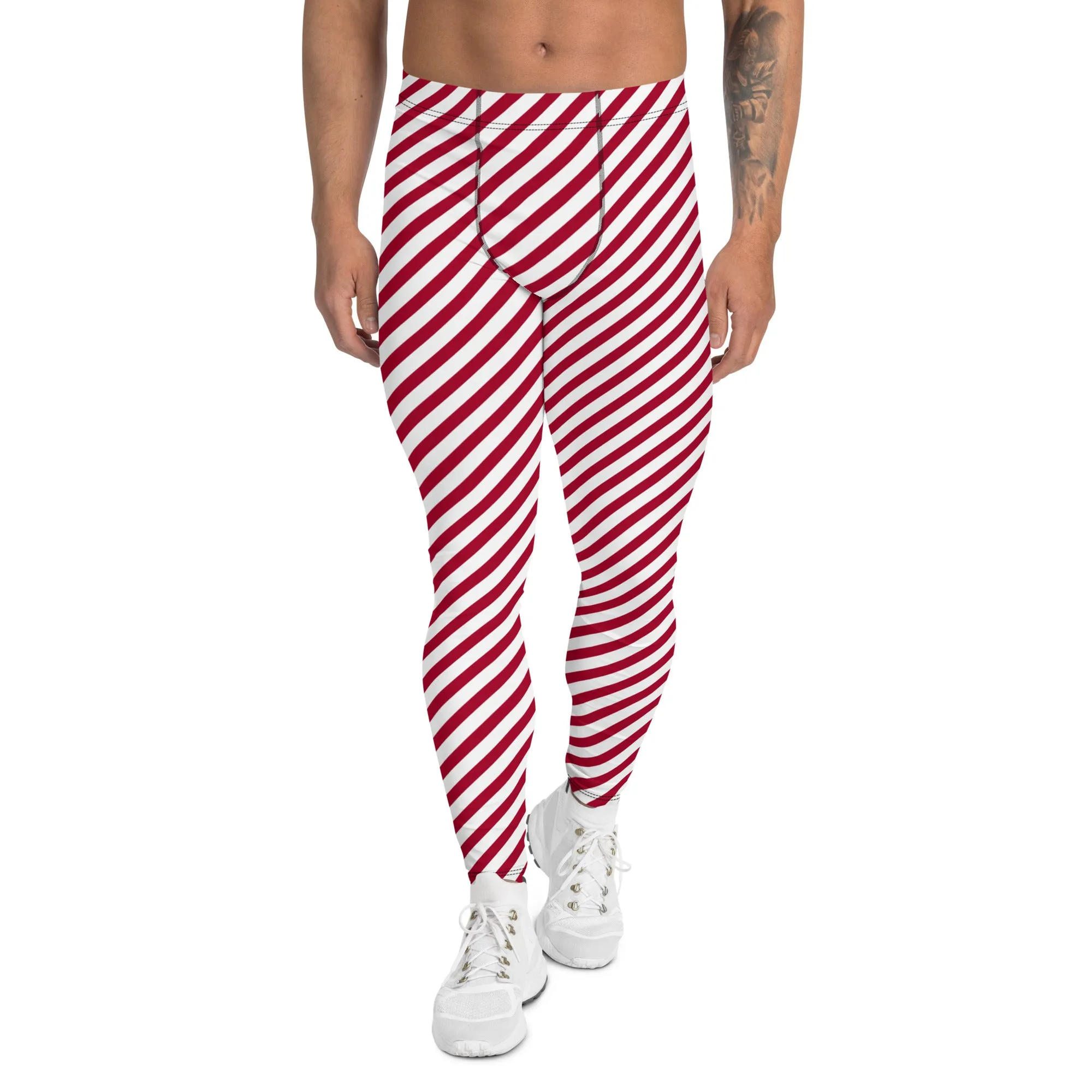 White Red Diagonal Striped Meggings, Colorful Best Compression Tights For Men - Made in USA/EU/MX
