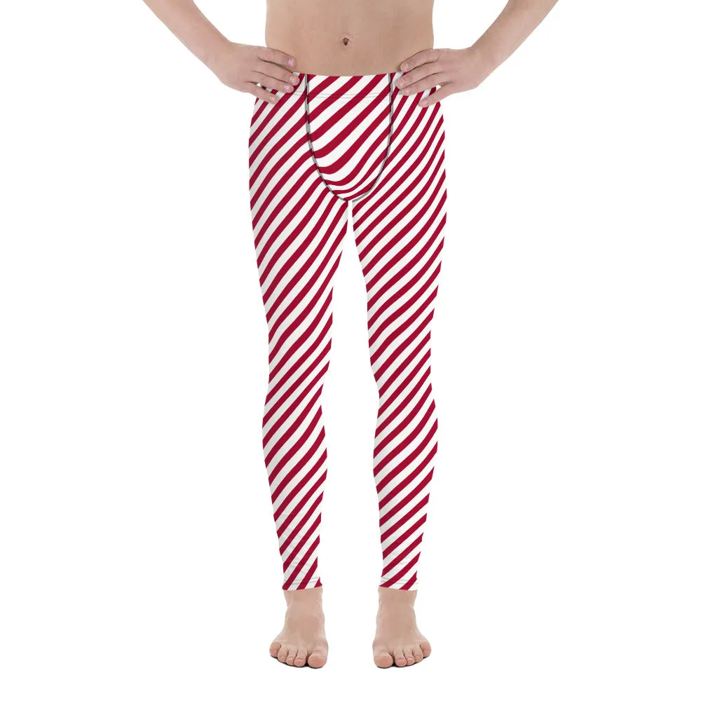 White Red Diagonal Striped Meggings, Colorful Best Compression Tights For Men - Made in USA/EU/MX