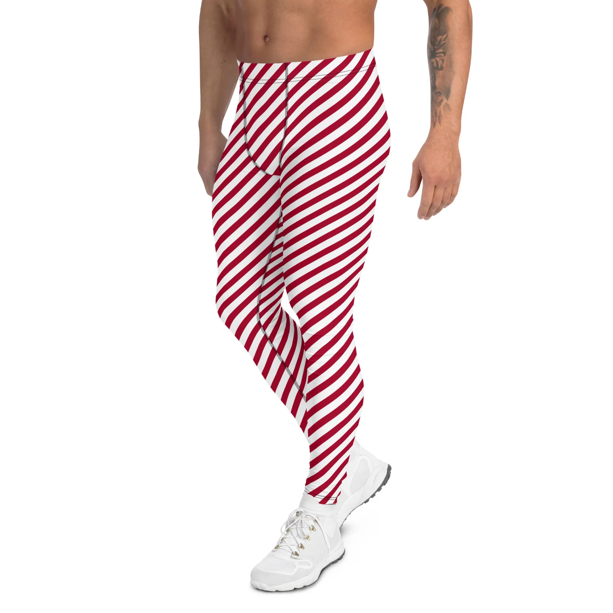 White Red Diagonal Striped Meggings, Colorful Best Compression Tights For Men - Made in USA/EU/MX