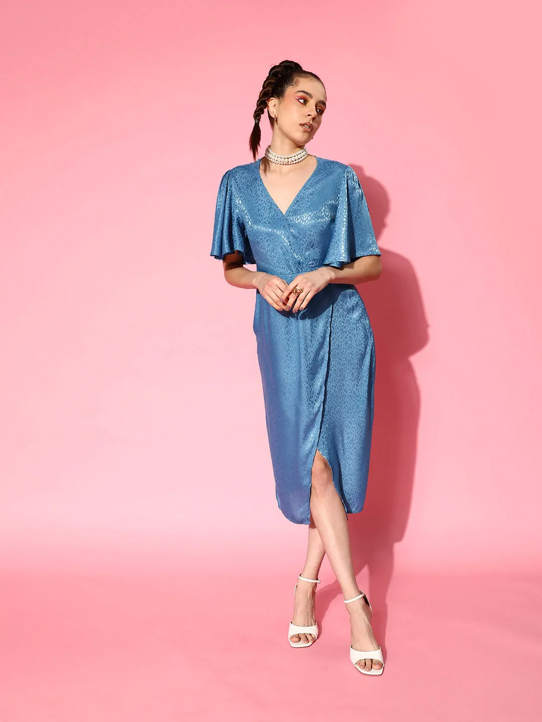 Women Blue Jacquard Drape Midi Dress