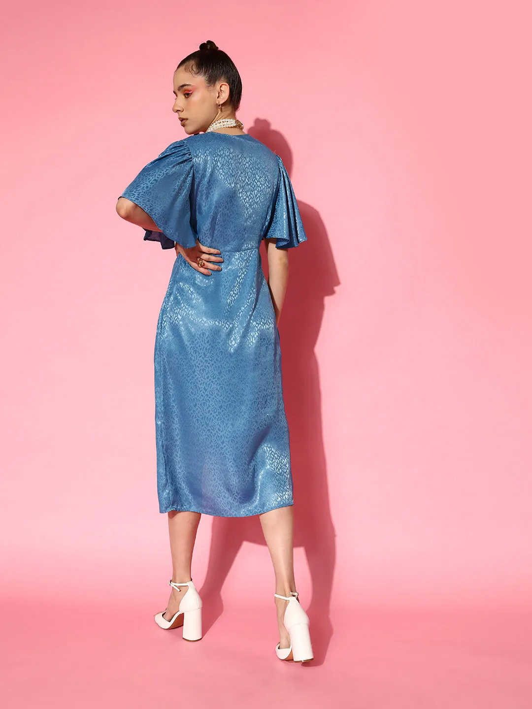 Women Blue Jacquard Drape Midi Dress