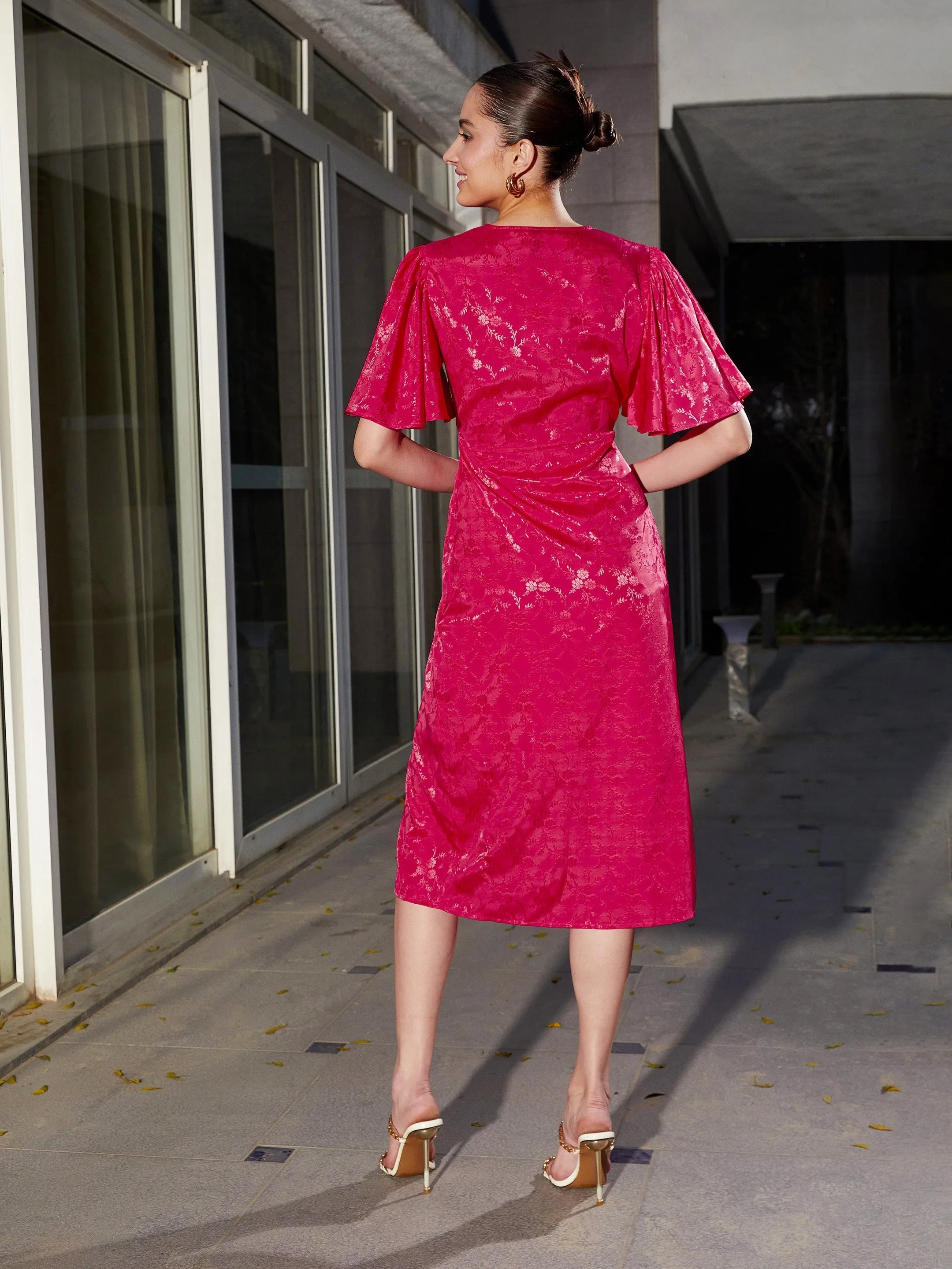 Women Magenta Jacquard Drape Midi Dress
