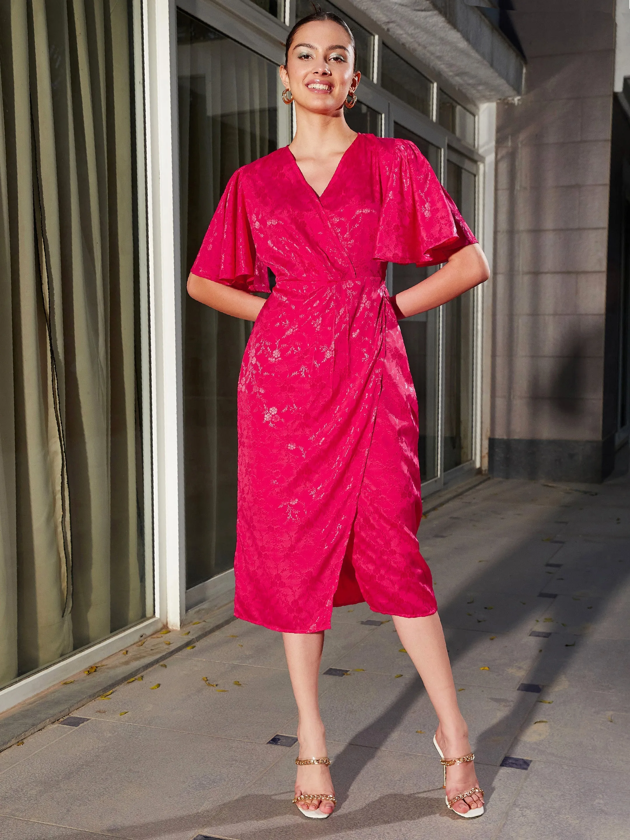 Women Magenta Jacquard Drape Midi Dress