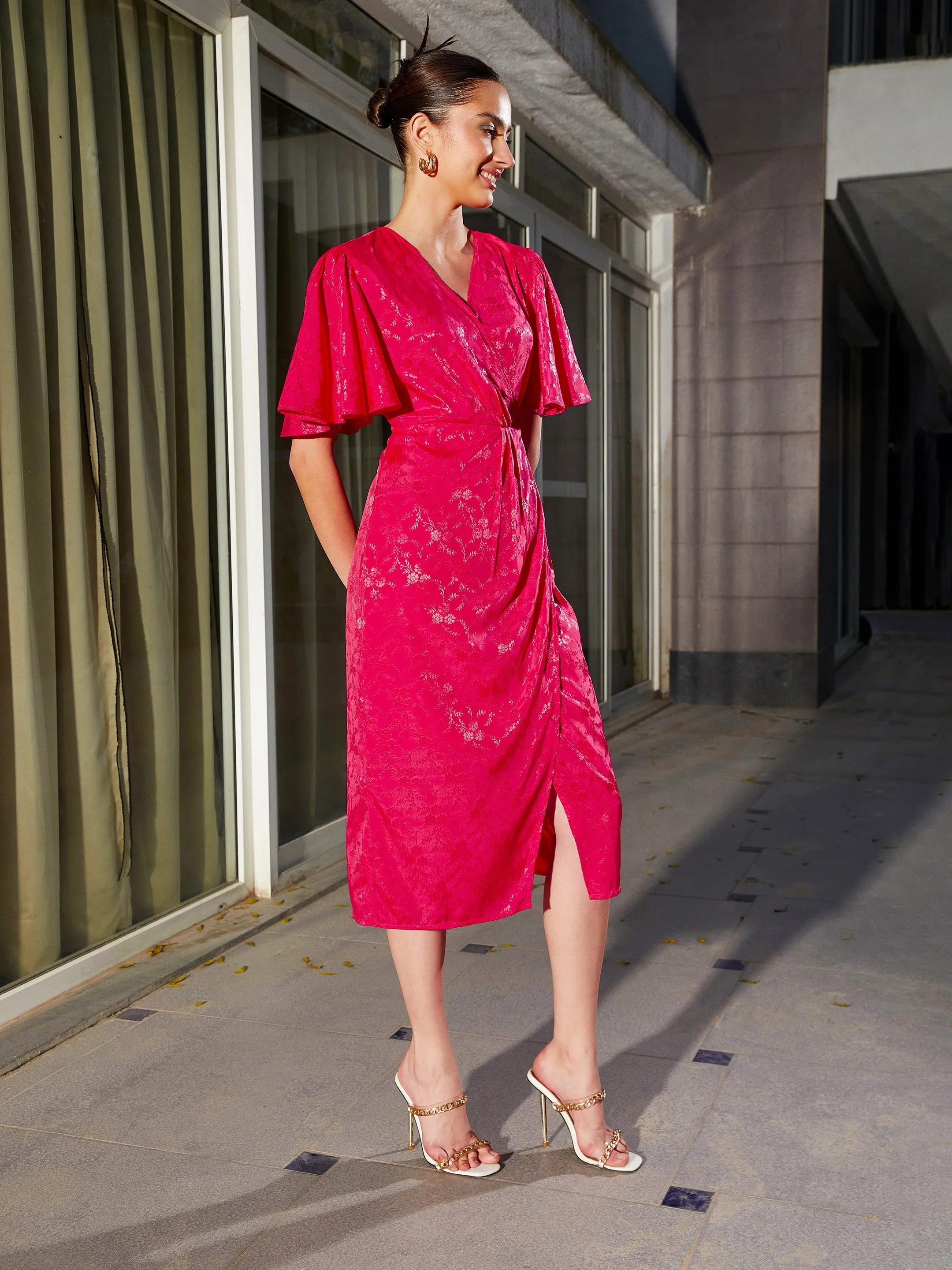 Women Magenta Jacquard Drape Midi Dress