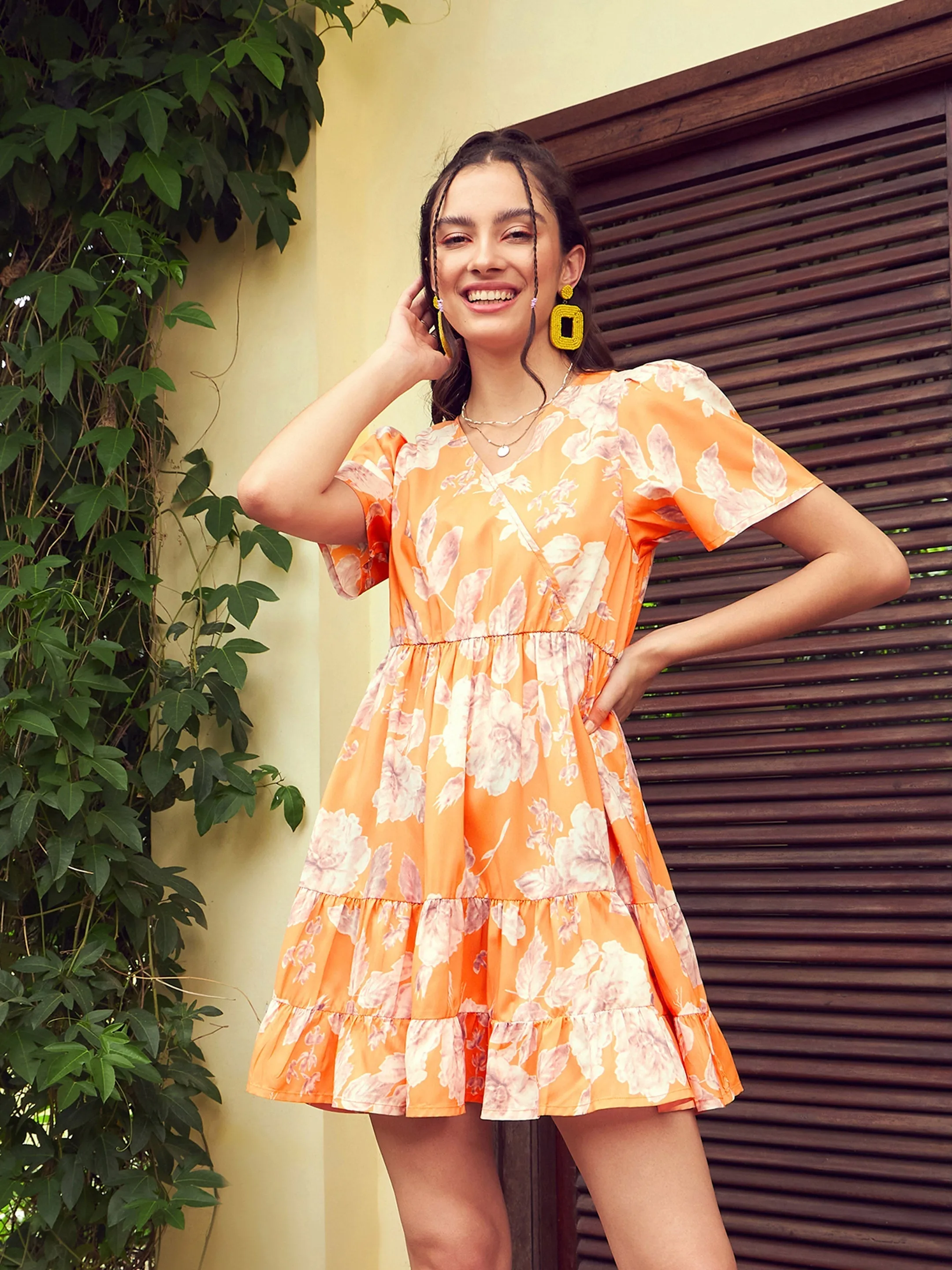 Women Orange Floral Short Tiered Dress