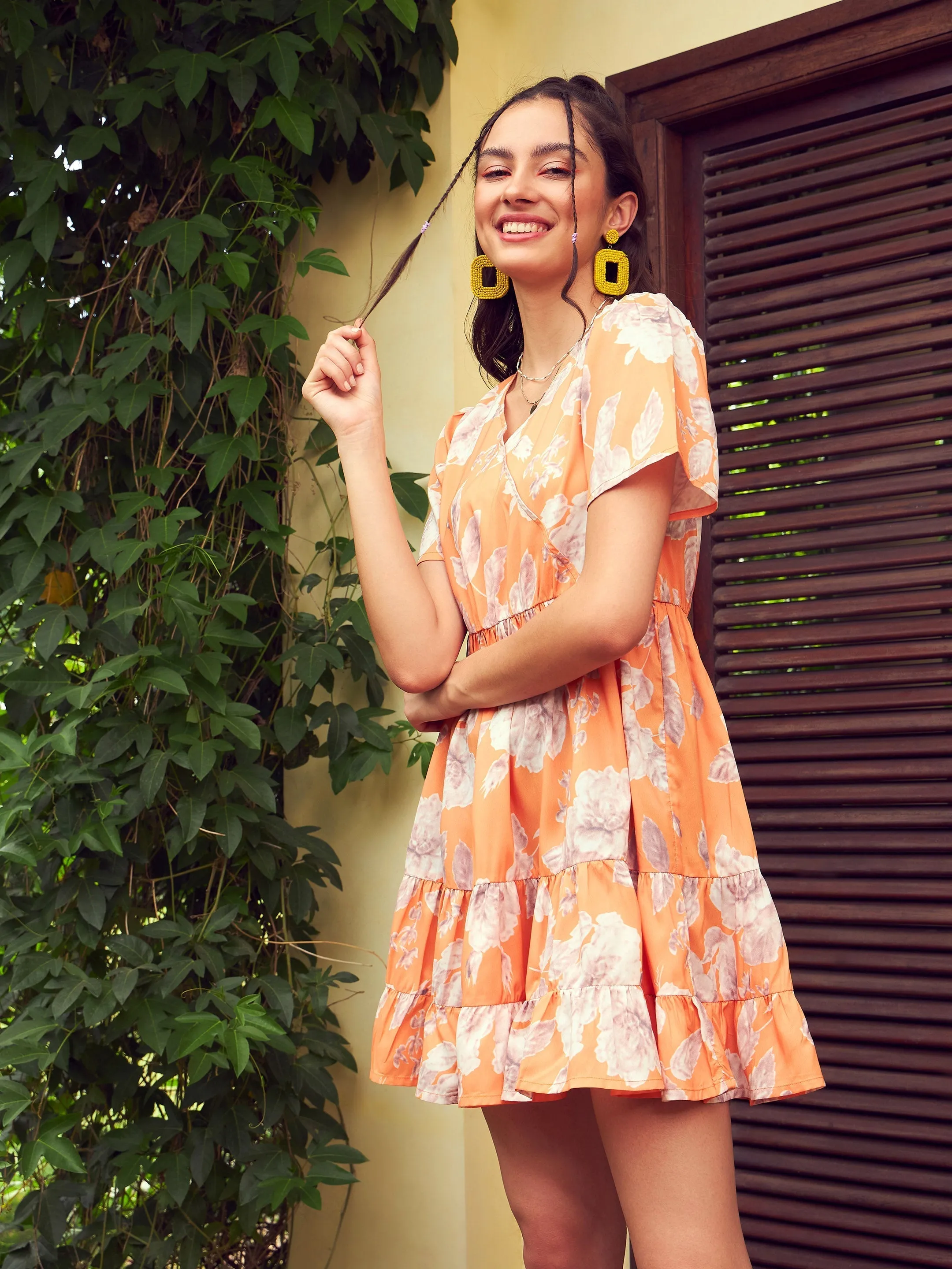 Women Orange Floral Short Tiered Dress