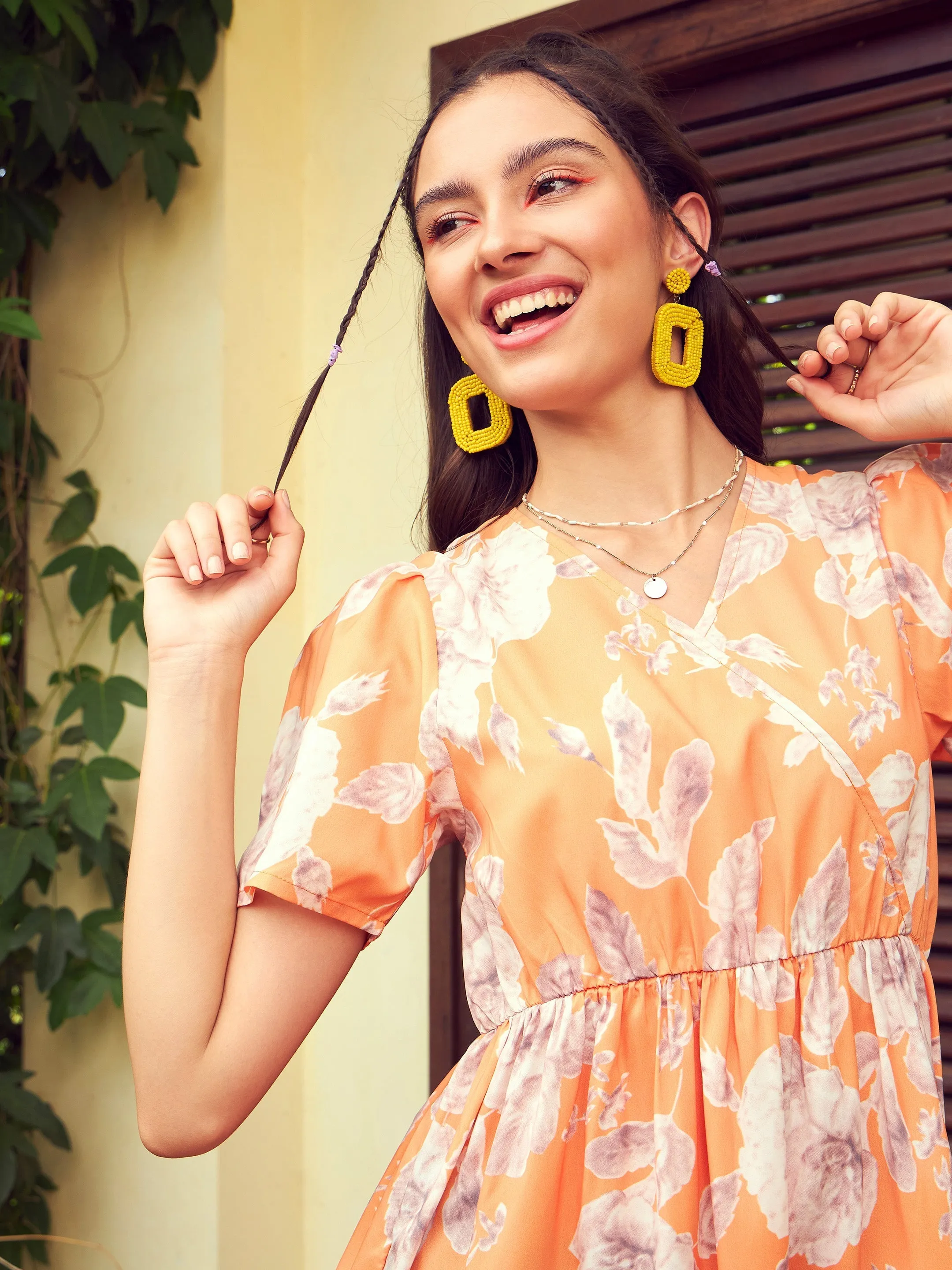 Women Orange Floral Short Tiered Dress