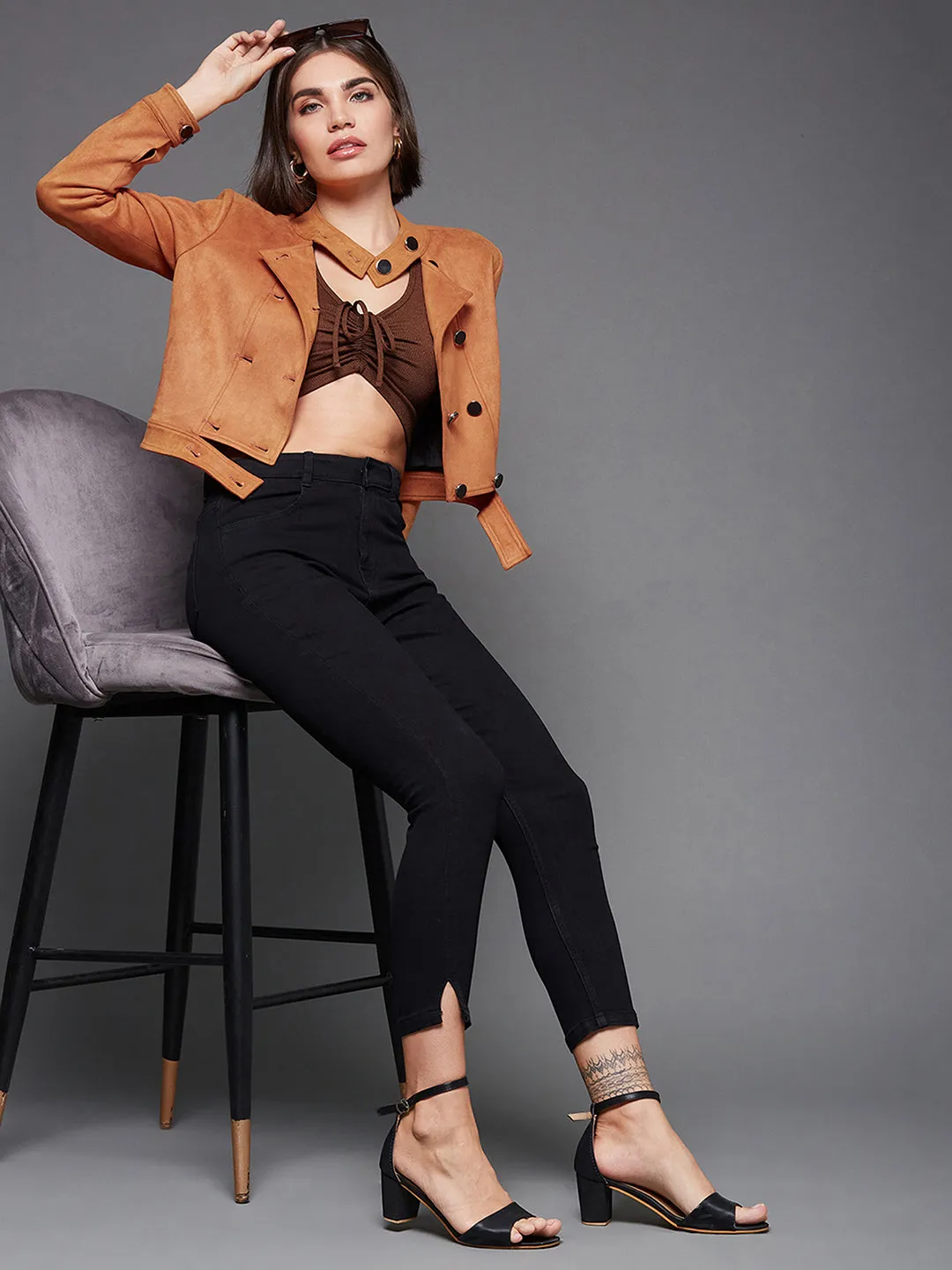 Women's Burnt Orange Mandarin Collar Full-Sleeve Solid Double Breasted Cropped Polyester Jacket