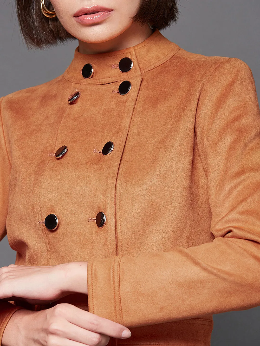 Women's Burnt Orange Mandarin Collar Full-Sleeve Solid Double Breasted Cropped Polyester Jacket