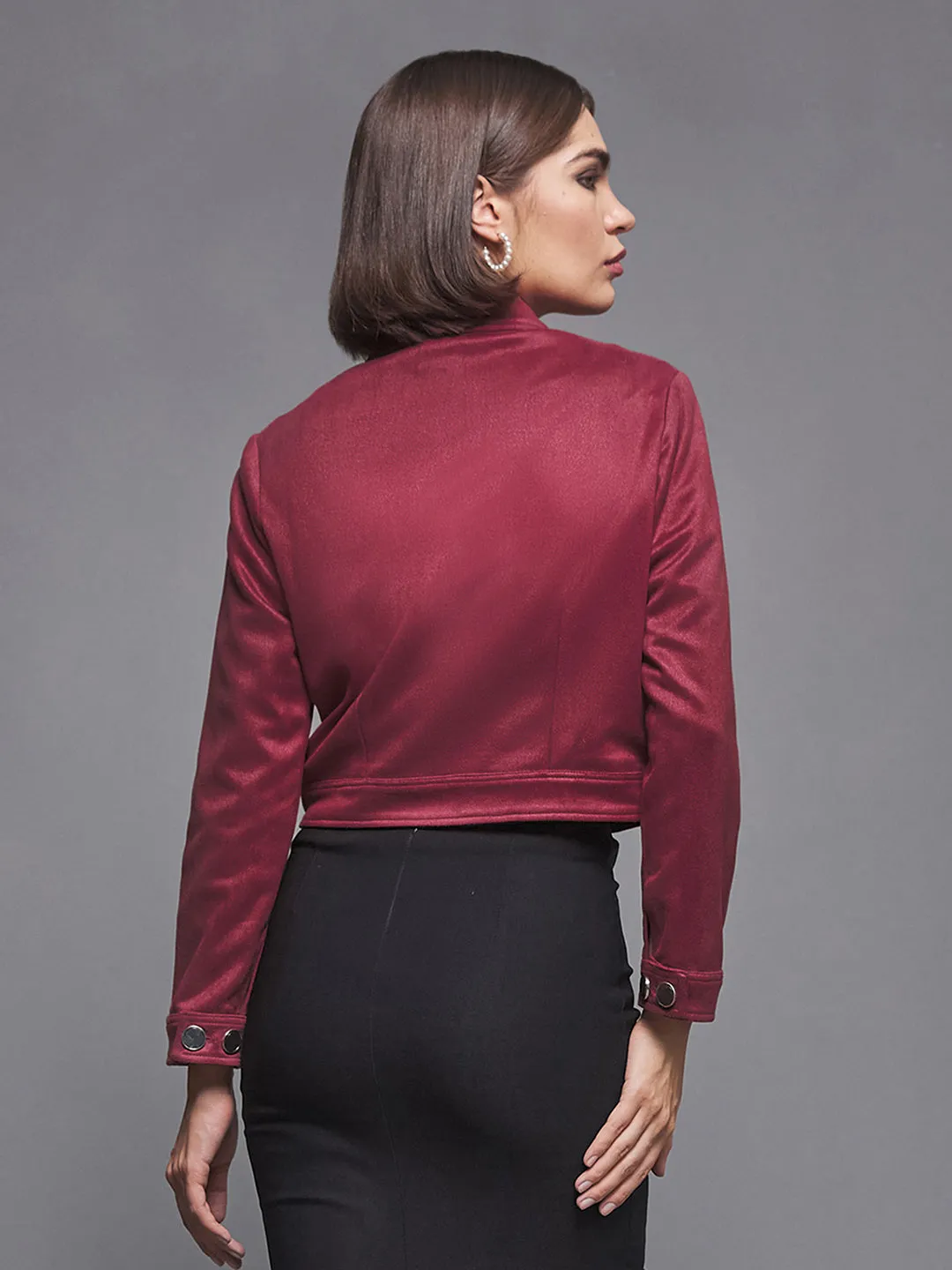 Women's Dark Red Mandarin Collar Full-Sleeve Solid Double Breasted Cropped Polyester Jacket