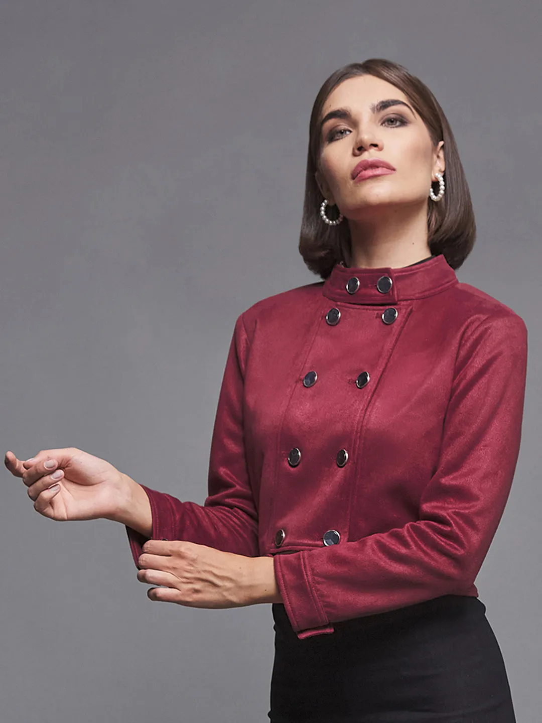 Women's Dark Red Mandarin Collar Full-Sleeve Solid Double Breasted Cropped Polyester Jacket