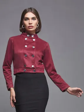 Women's Dark Red Mandarin Collar Full-Sleeve Solid Double Breasted Cropped Polyester Jacket