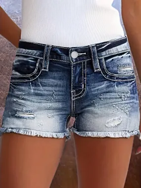 Womens Elegant Ripped Distressed Denim Shorts - Embroidered Pockets, Frayed Hem, Whiskered Vintage Style, Medium Stretch, Machine Washable, Solid Color, Spring/Summer Essential