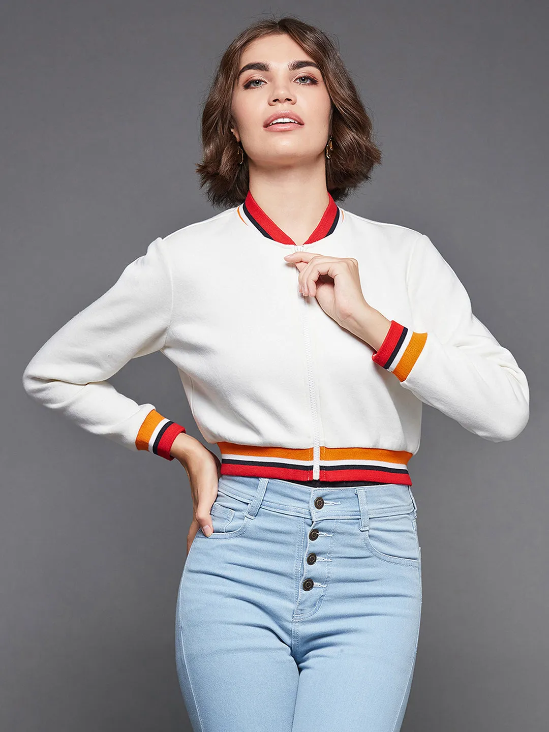 Women's Off White V-Neck Full Sleeves Fleece, Rib Solid Bomber Cropped Jacket