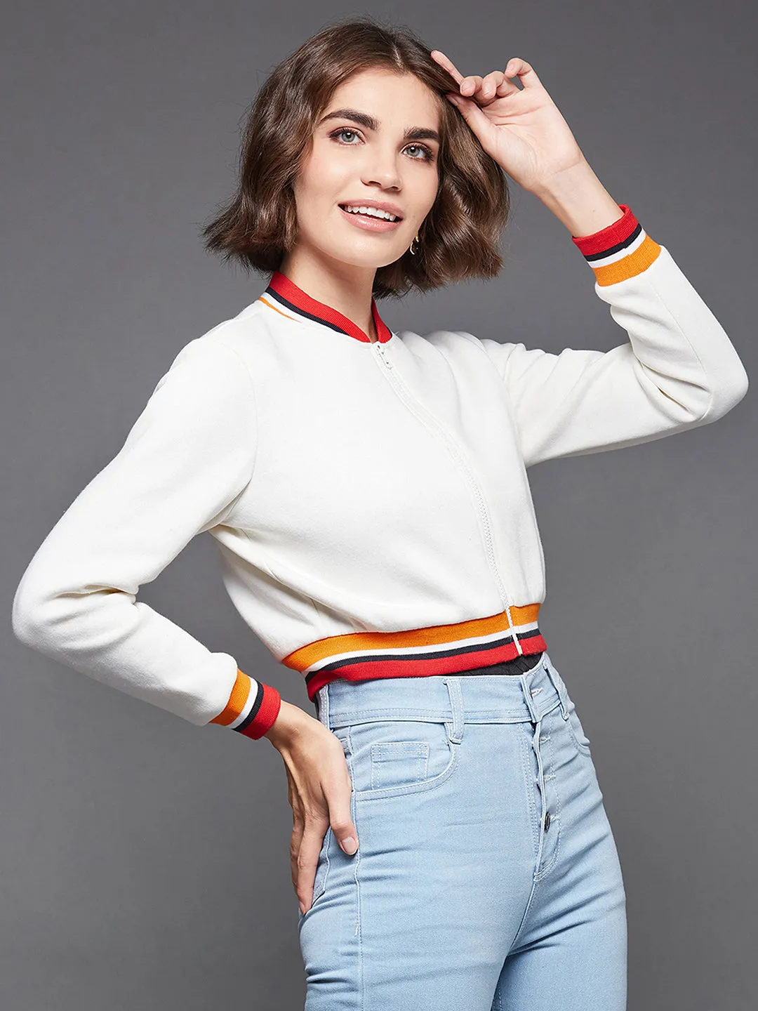 Women's Off White V-Neck Full Sleeves Fleece, Rib Solid Bomber Cropped Jacket