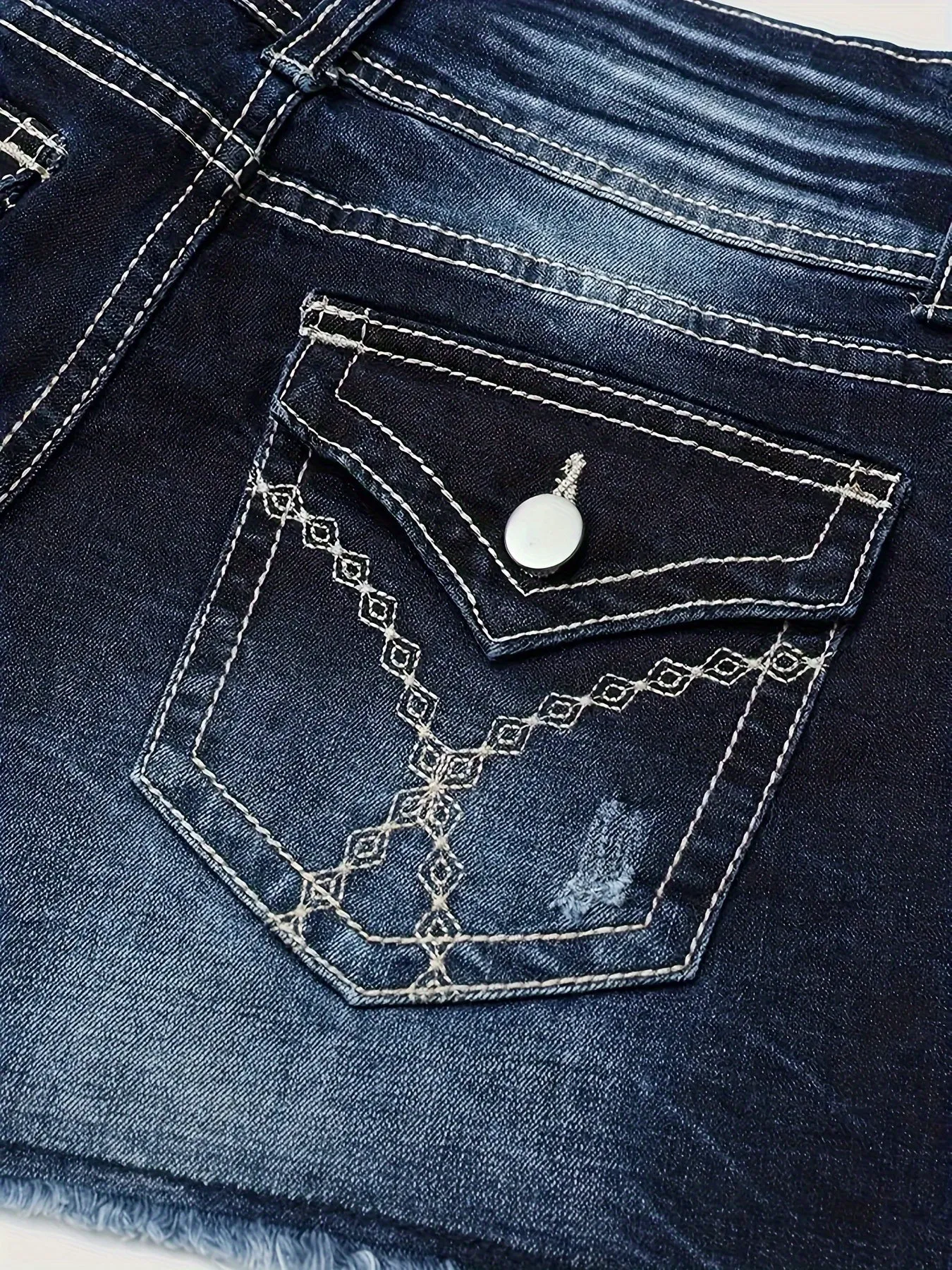 Womens Stylish High Waist Embroidered Denim Shorts - Trendy Frayed Hem, Distressed Washed Look, Secure Single-Breasted Button Closure - A Fashion-Forward Summer Essential