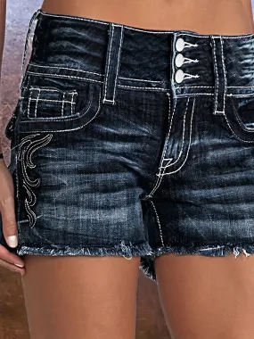 Womens Stylish High Waist Embroidered Denim Shorts - Trendy Frayed Hem, Distressed Washed Look, Secure Single-Breasted Button Closure - A Fashion-Forward Summer Essential