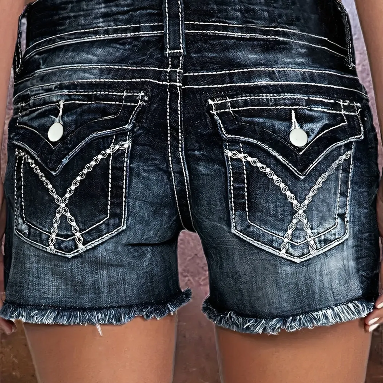 Womens Stylish High Waist Embroidered Denim Shorts - Trendy Frayed Hem, Distressed Washed Look, Secure Single-Breasted Button Closure - A Fashion-Forward Summer Essential