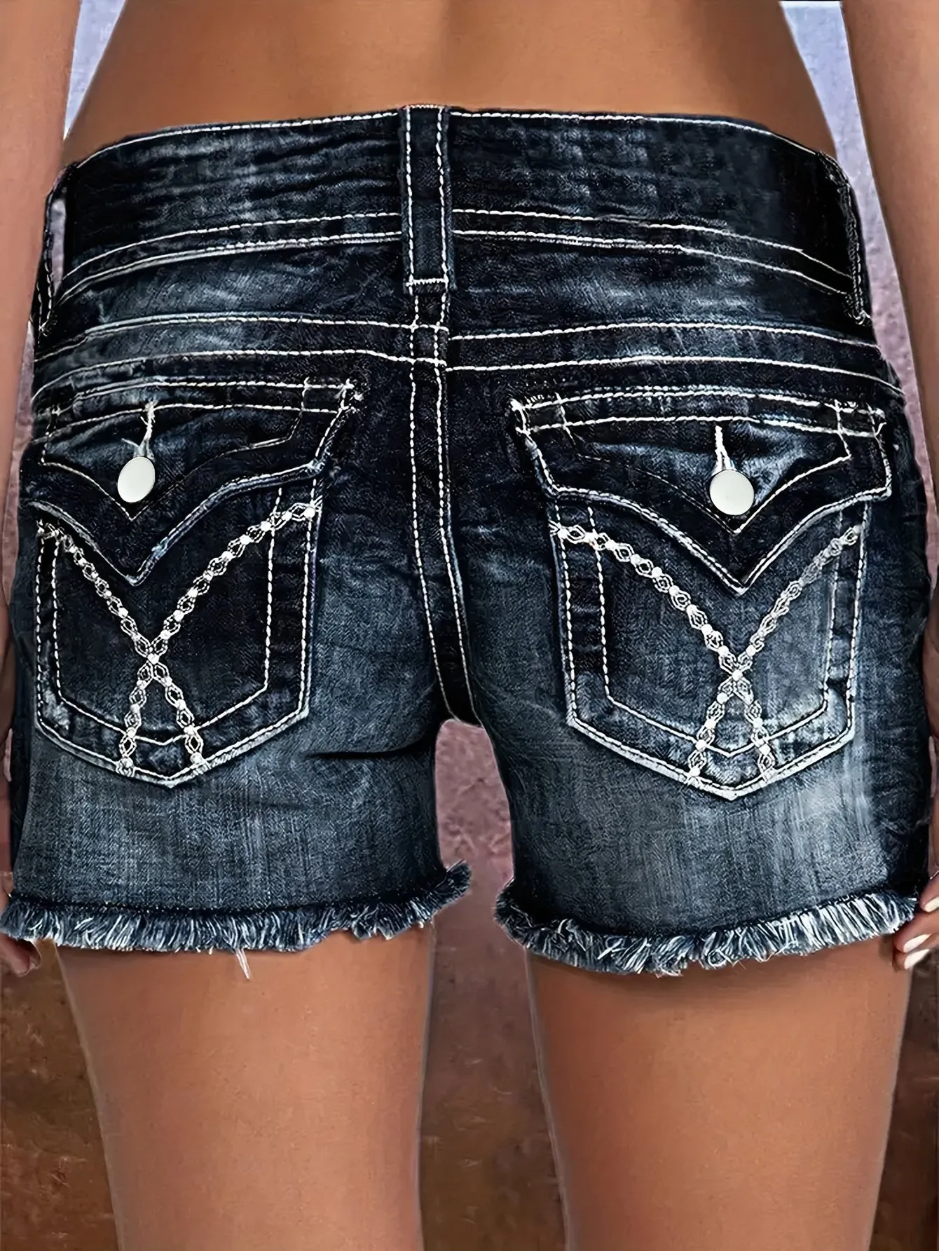 Womens Stylish High Waist Embroidered Denim Shorts - Trendy Frayed Hem, Distressed Washed Look, Secure Single-Breasted Button Closure - A Fashion-Forward Summer Essential
