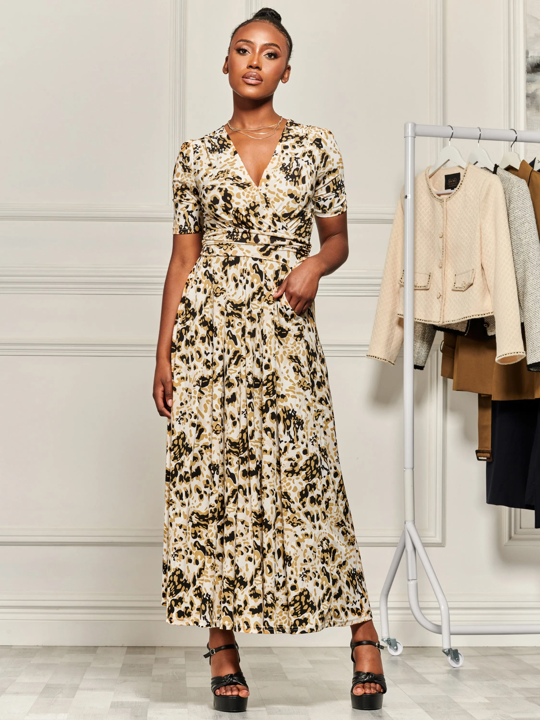 Wrap Front Jersey Maxi Dress, Cream Animal