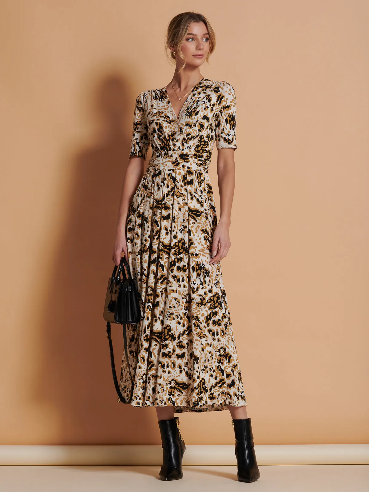 Wrap Front Jersey Maxi Dress, Cream Animal