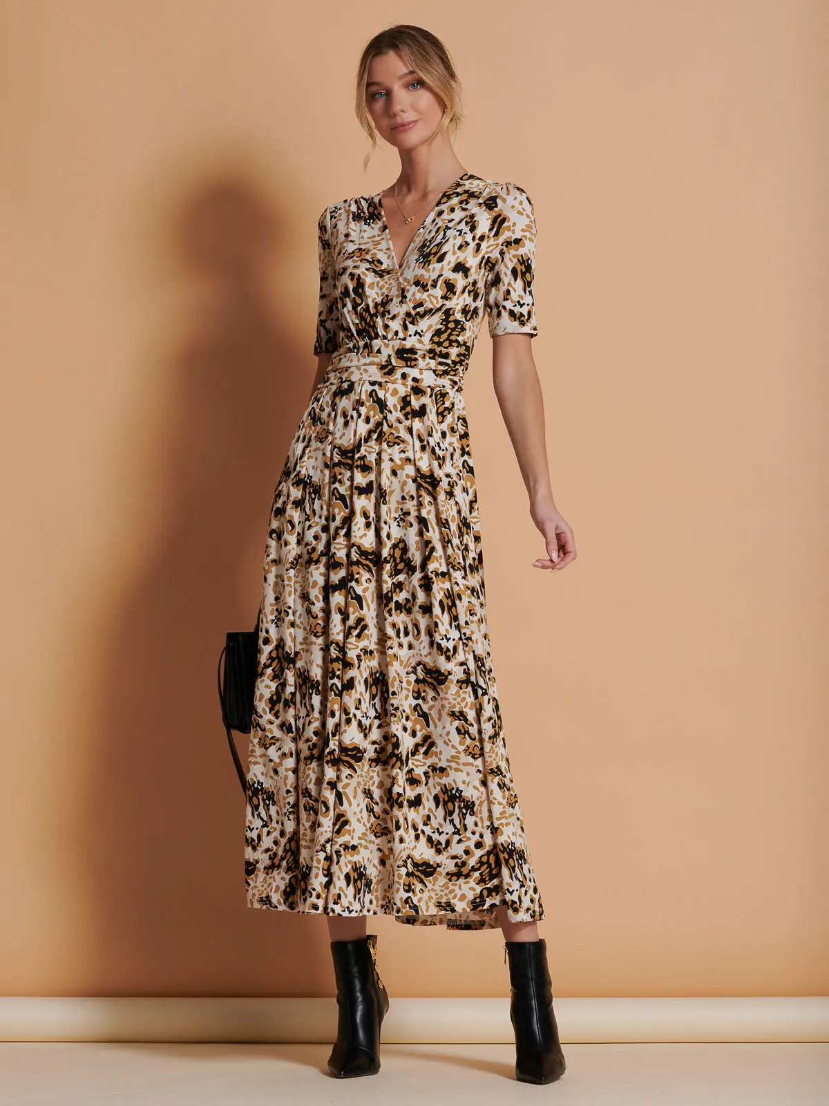 Wrap Front Jersey Maxi Dress, Cream Animal