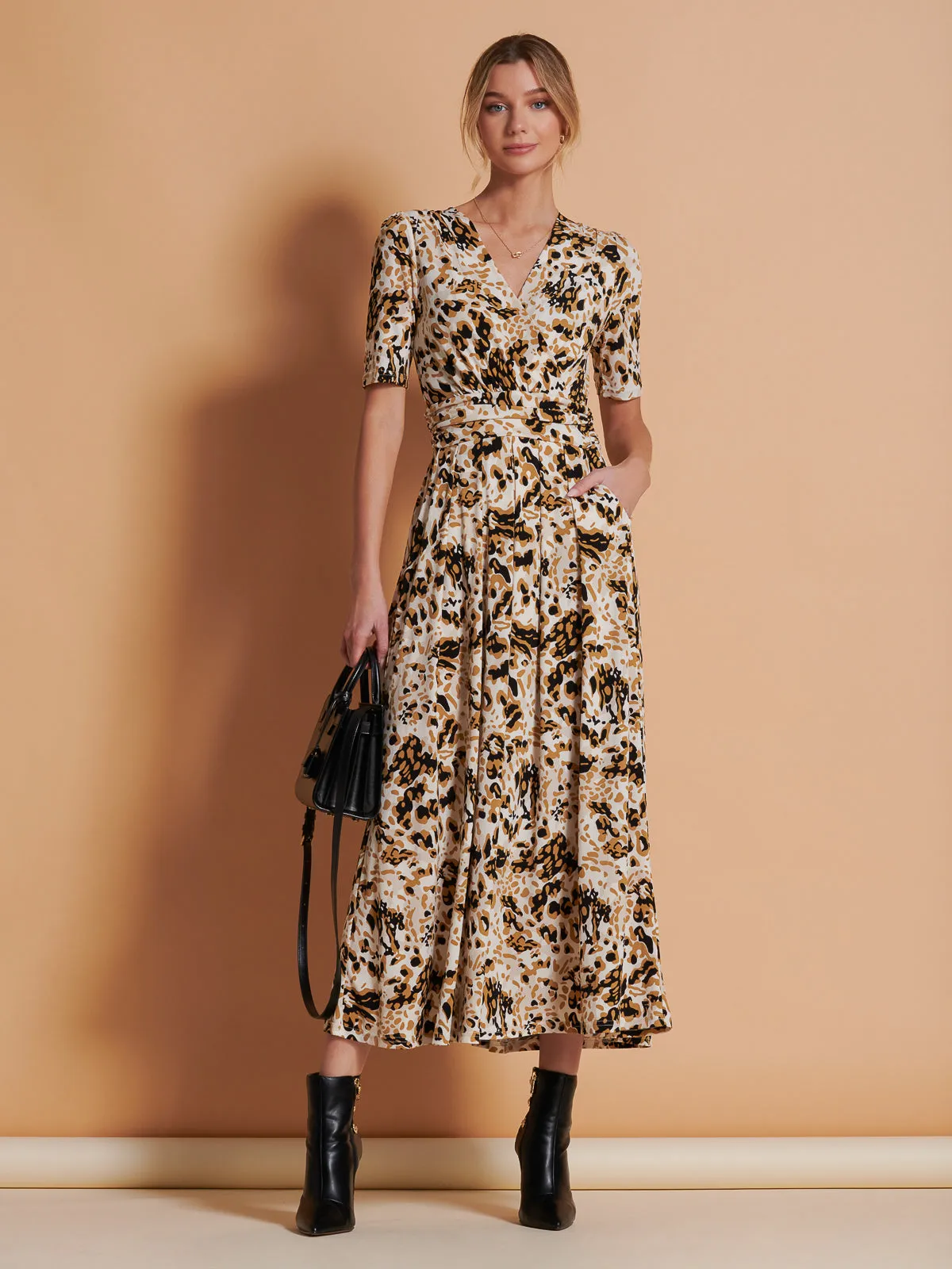 Wrap Front Jersey Maxi Dress, Cream Animal