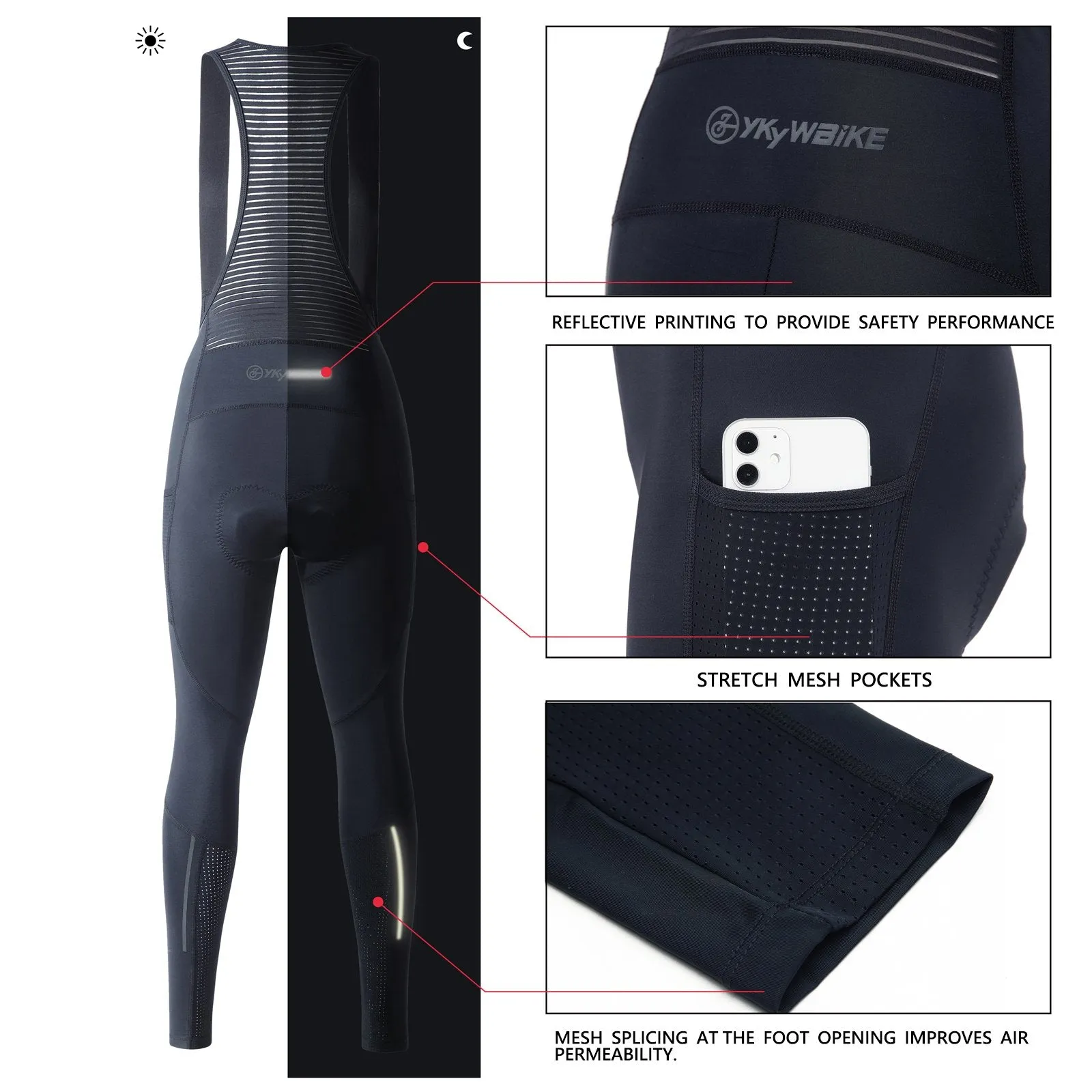 YKYW Women’s Mtb Cycling Bib Long Pants Coolmax 3D Pad 6H Ride 3M Reflective with 2 Pockets Black